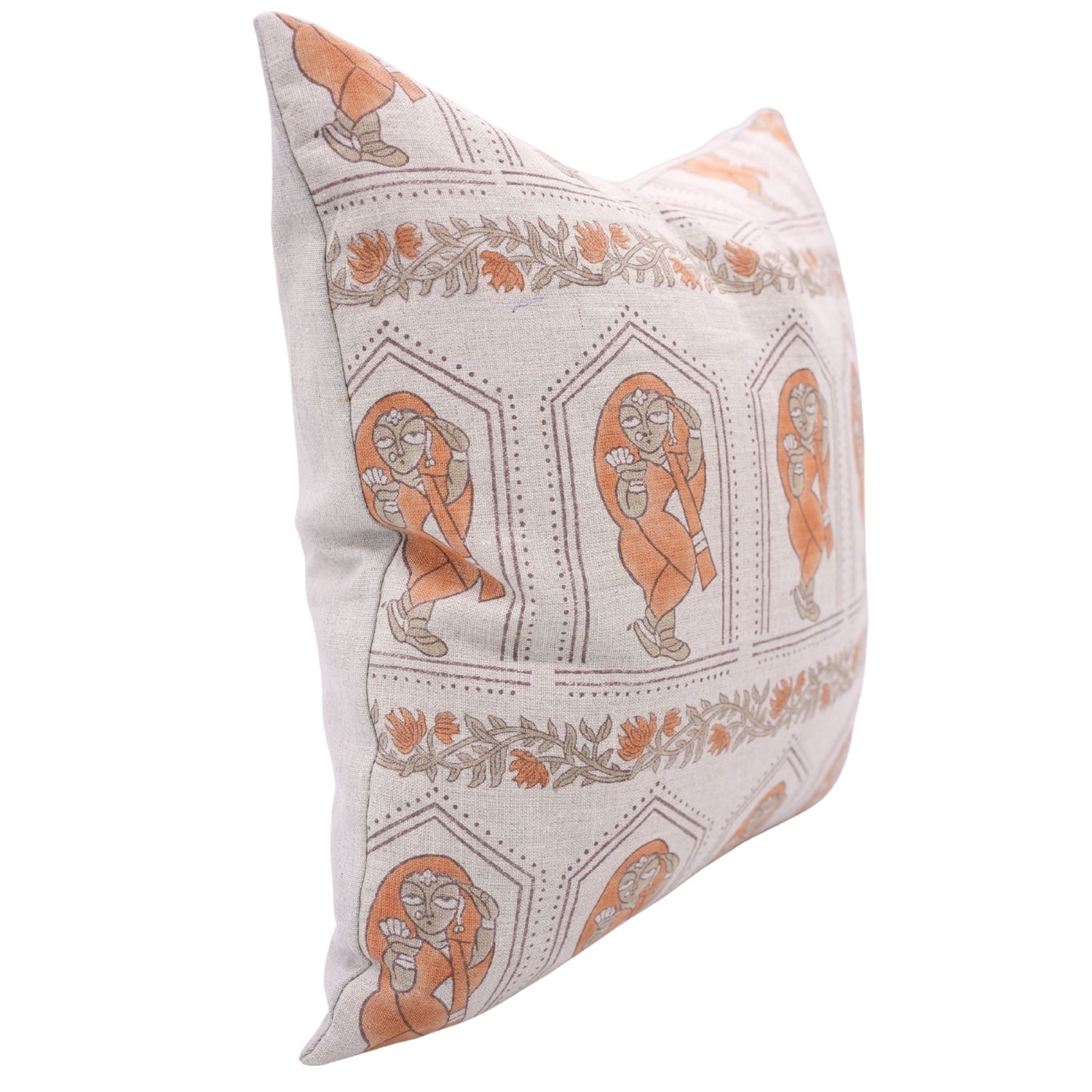 Hand Stamped Orange and Gray Floral Pillow Case in Natural 100% Pure Linen Ideal for Farmhouse or Rustic Interiors - SUNDARI