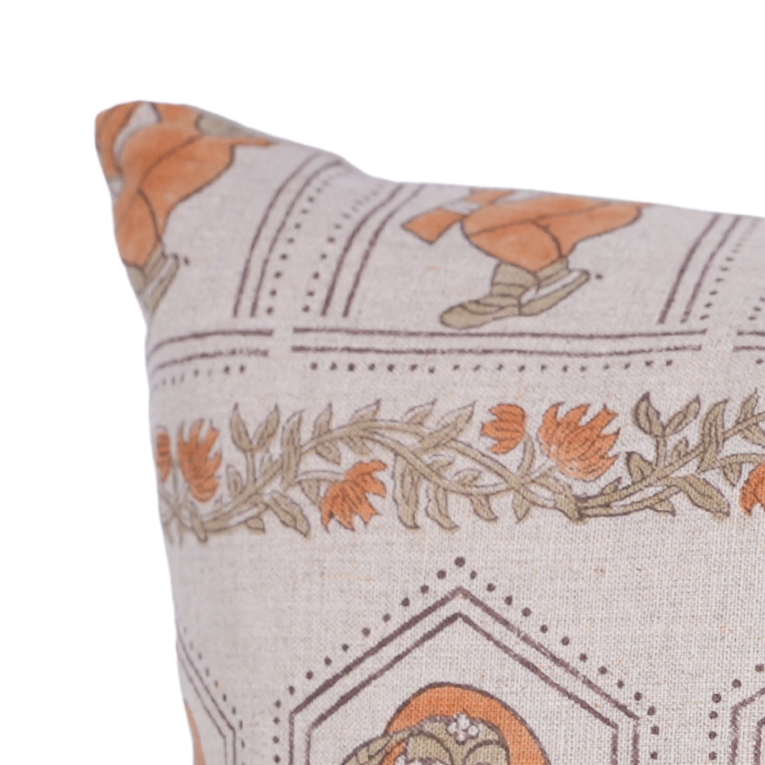 Hand Stamped Orange and Gray Floral Pillow Case in Natural 100% Pure Linen Ideal for Farmhouse or Rustic Interiors - SUNDARI