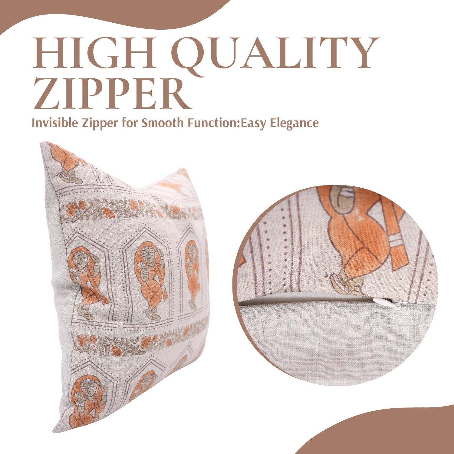 Hand Stamped Orange and Gray Floral Pillow Case in Natural 100% Pure Linen Ideal for Farmhouse or Rustic Interiors - SUNDARI