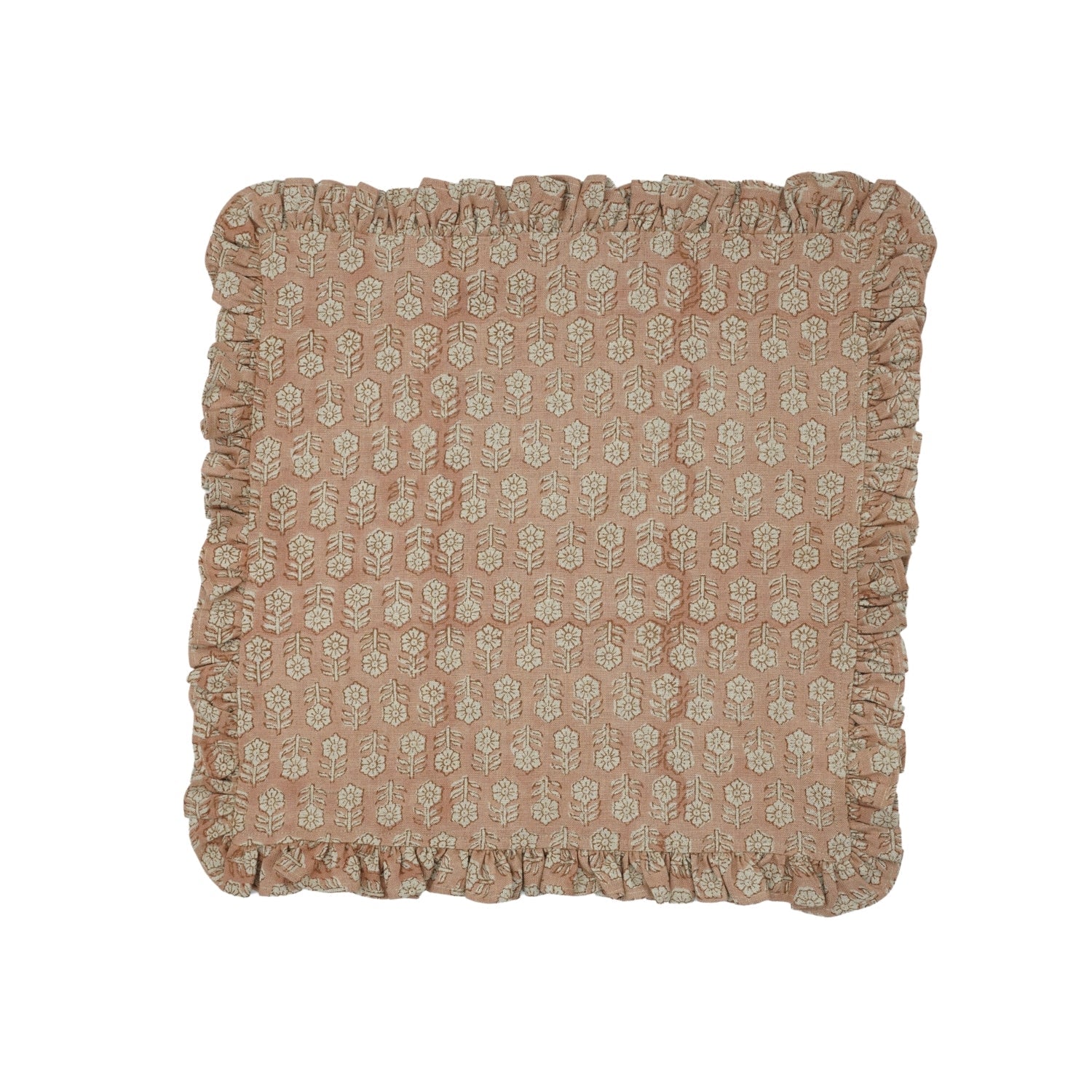 Handmade Pure Linen Floral Printed Tulsi Buti Table Frill Napkins in Orange  