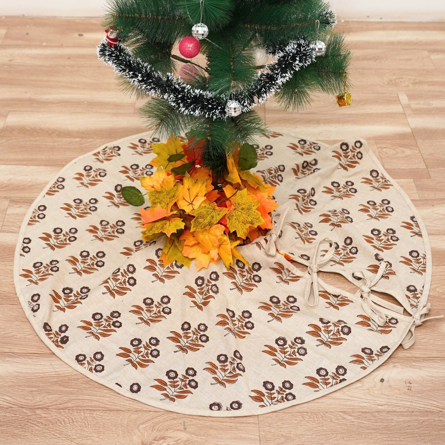 Linen Blend Block Printed Neha Modern Christmas Tree Skirts in Chocolate Brown & Bronze Floral for Gift Decor