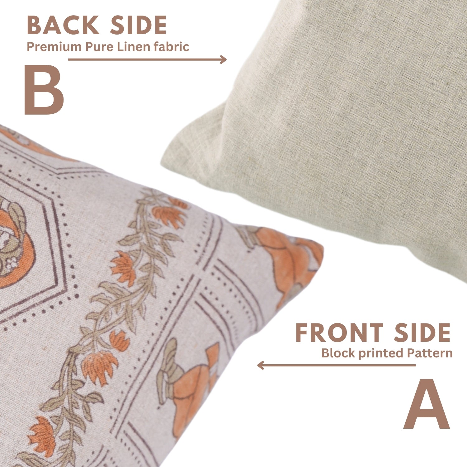 Hand Stamped Orange and Gray Floral Pillow Case in Natural 100% Pure Linen Ideal for Farmhouse or Rustic Interiors - SUNDARI