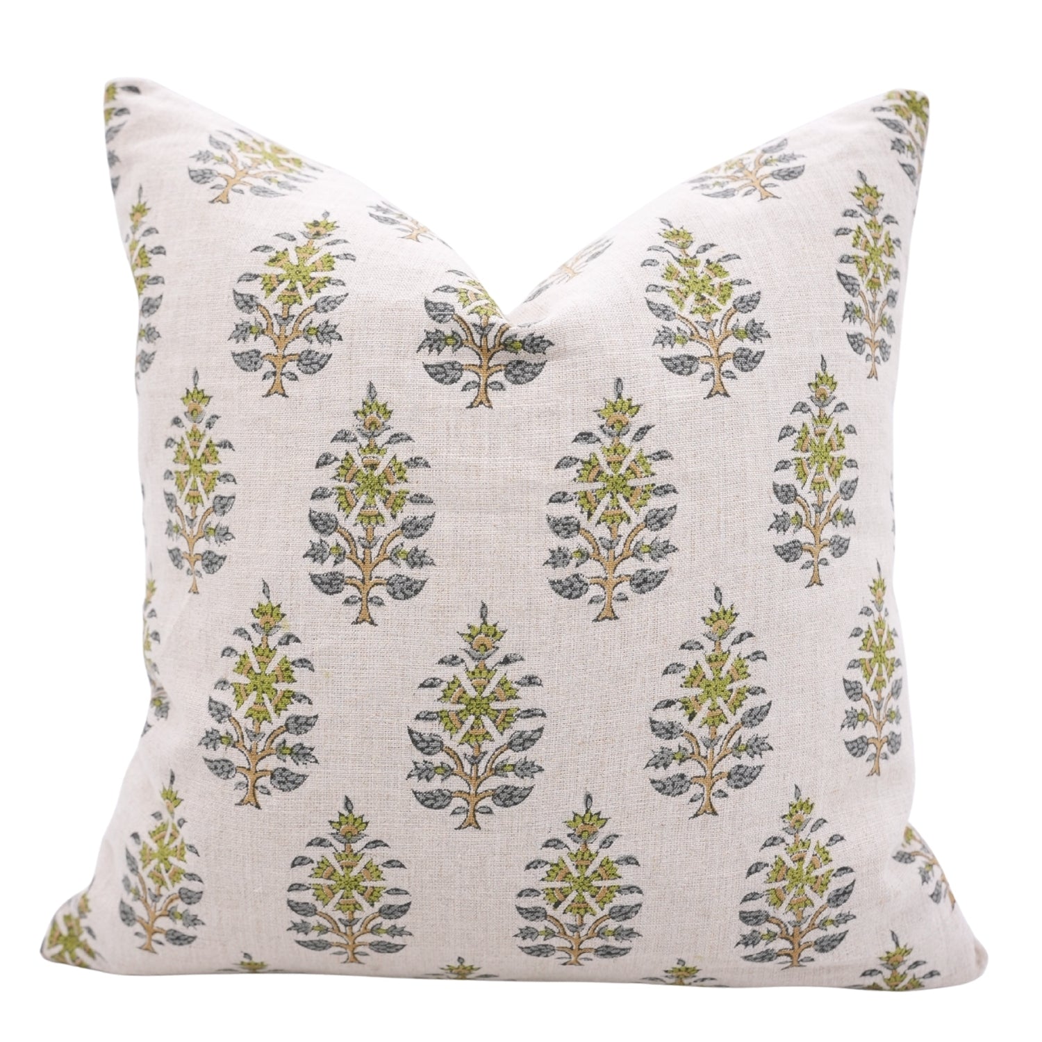 Handblock Printed Green and Blue Floral Throw Pillow Cover in Pure Linen Earthy Tones Perfect for Indoor Spaces - GUNAARI