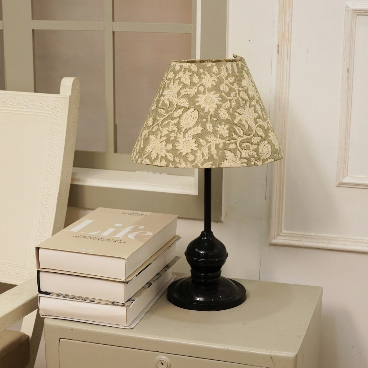 Manikarnika Green & Beige Floral Duck Canvas Lampshade | Drum & Coolie