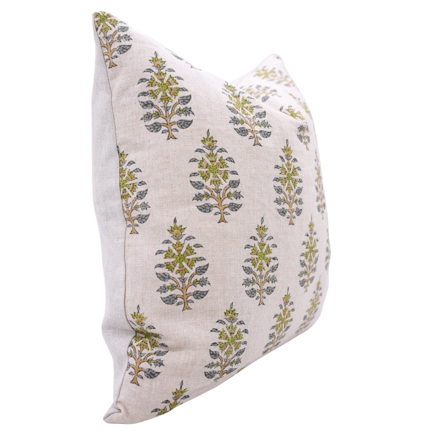 Handblock Printed Green and Blue Floral Throw Pillow Cover in Pure Linen Earthy Tones Perfect for Indoor Spaces - GUNAARI