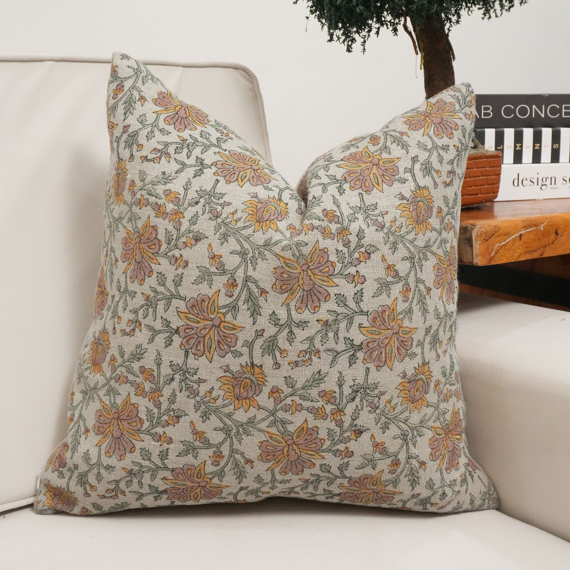 Neerabel Orange Floral Handcrafted Heavy Linen Pillow Cover