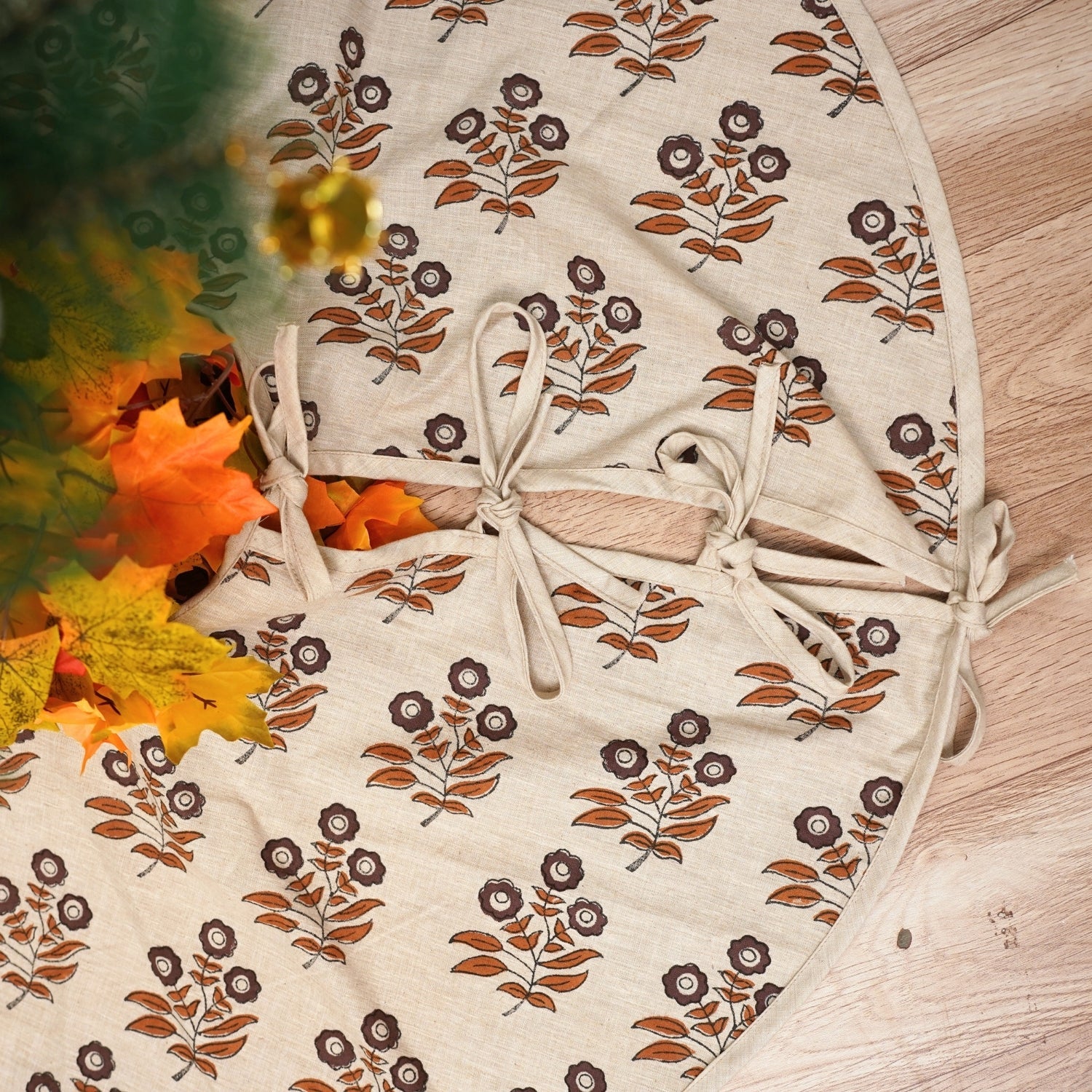 Linen Blend Block Printed Neha Modern Christmas Tree Skirts in Chocolate Brown & Bronze Floral for Gift Decor