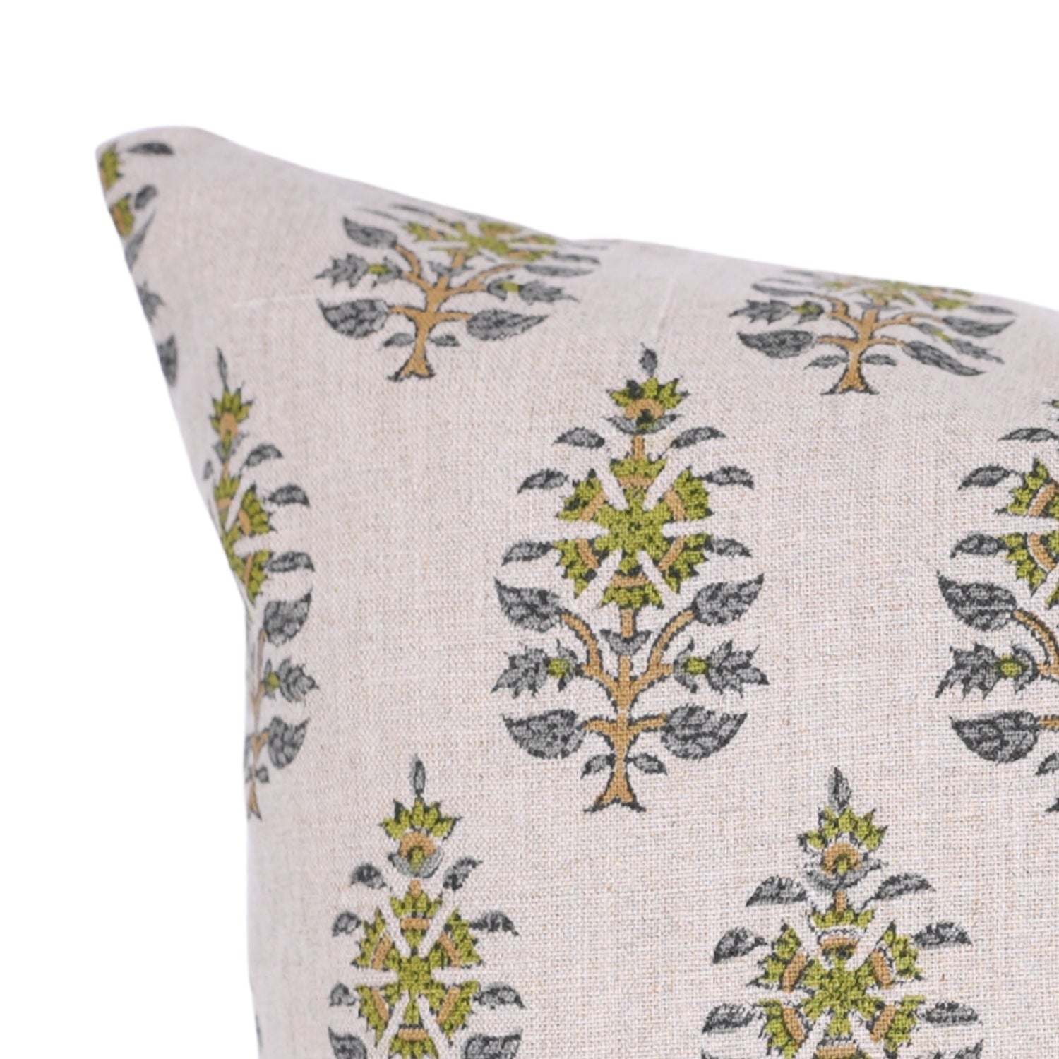 Handblock Printed Green and Blue Floral Throw Pillow Cover in Pure Linen Earthy Tones Perfect for Indoor Spaces - GUNAARI