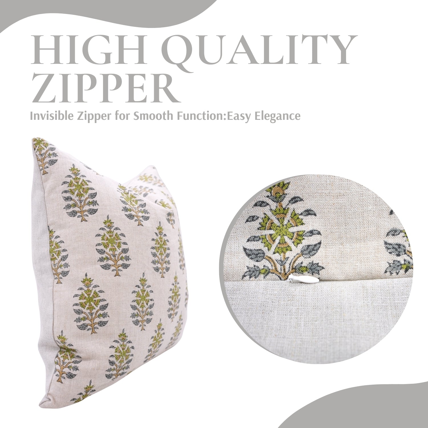 Handblock Printed Green and Blue Floral Throw Pillow Cover in Pure Linen Earthy Tones Perfect for Indoor Spaces - GUNAARI