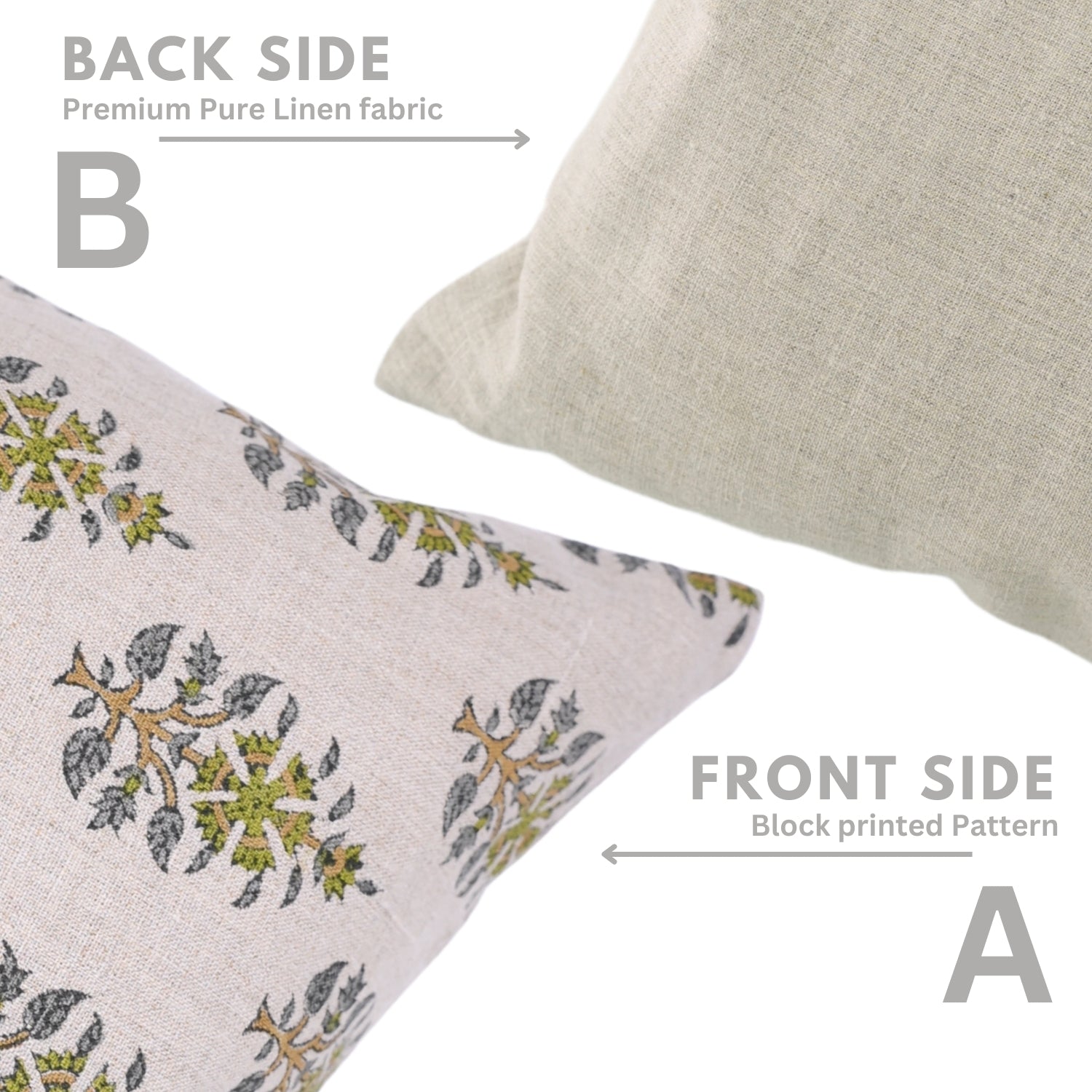 Handblock Printed Green and Blue Floral Throw Pillow Cover in Pure Linen Earthy Tones Perfect for Indoor Spaces - GUNAARI