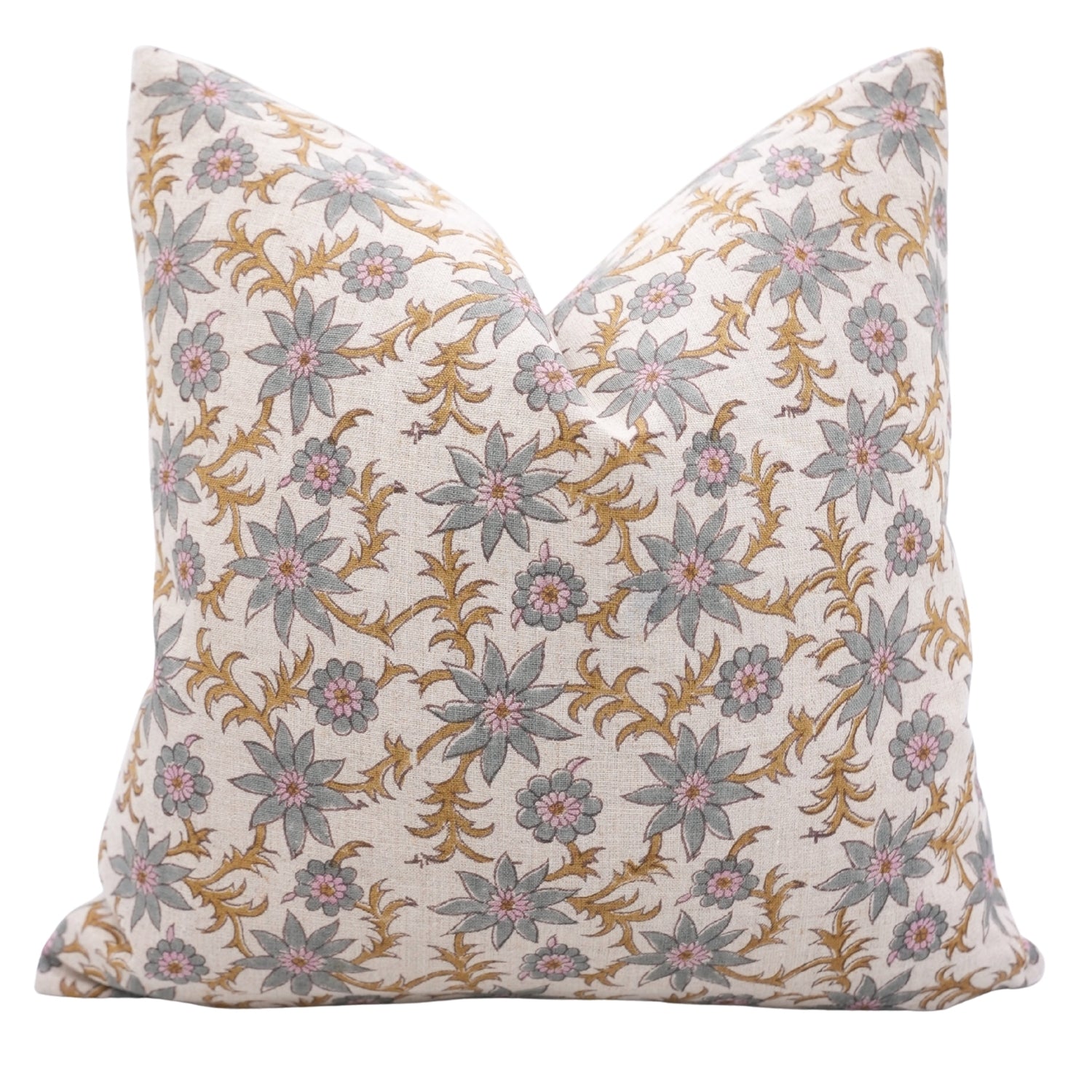Handmade Cushion Protector with Pink and Gray Vintage Floral Block Prints on Pure Linen for Living Room Charm - SANJH