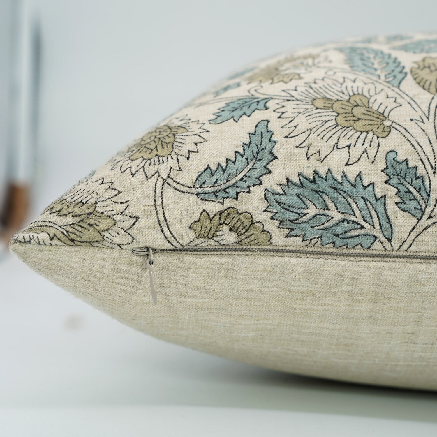 Home Décor Floral Designer Handblock Printed Throw Cushion Wrap Linen blend Mandakani in Gray