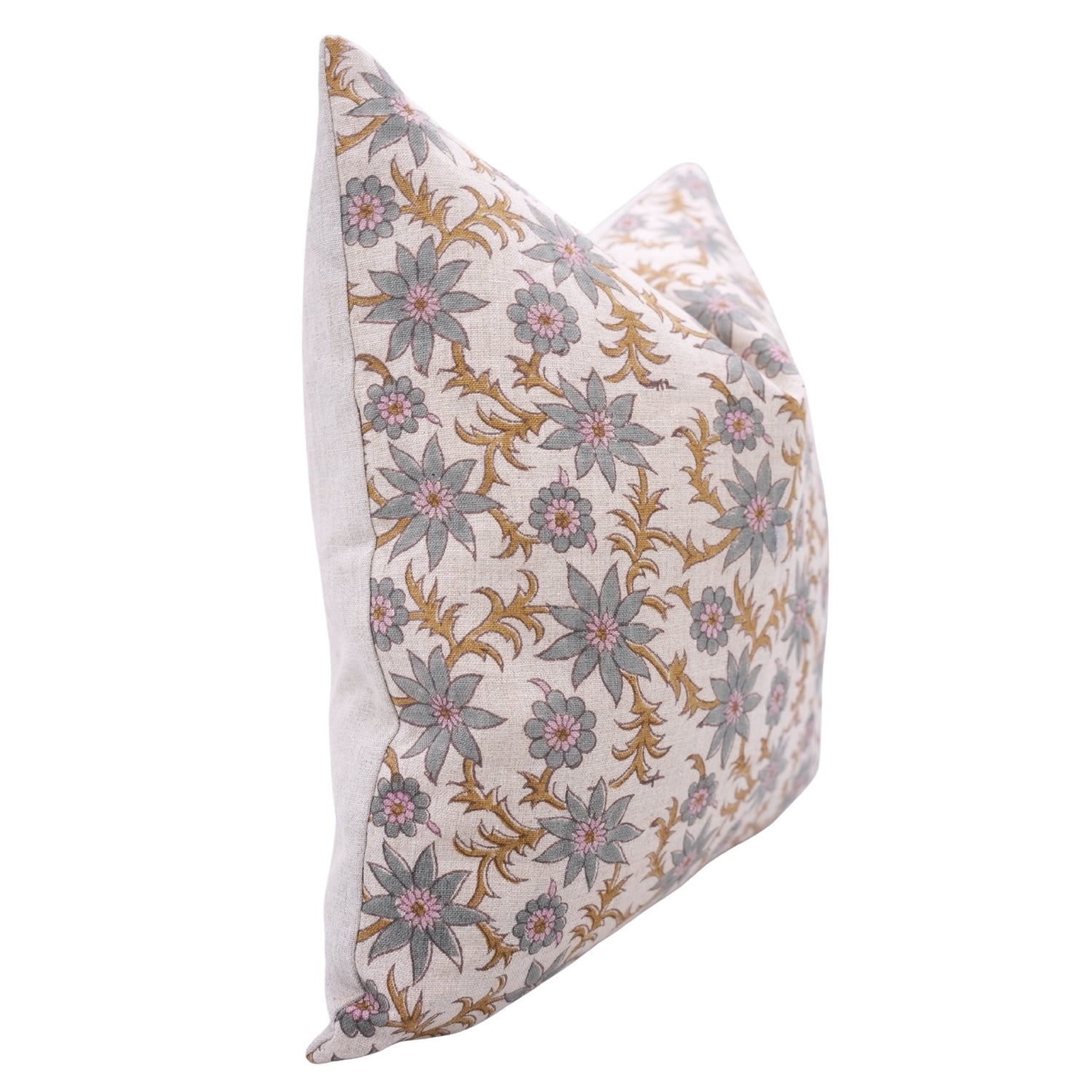 Handmade Cushion Protector with Pink and Gray Vintage Floral Block Prints on Pure Linen for Living Room Charm - SANJH