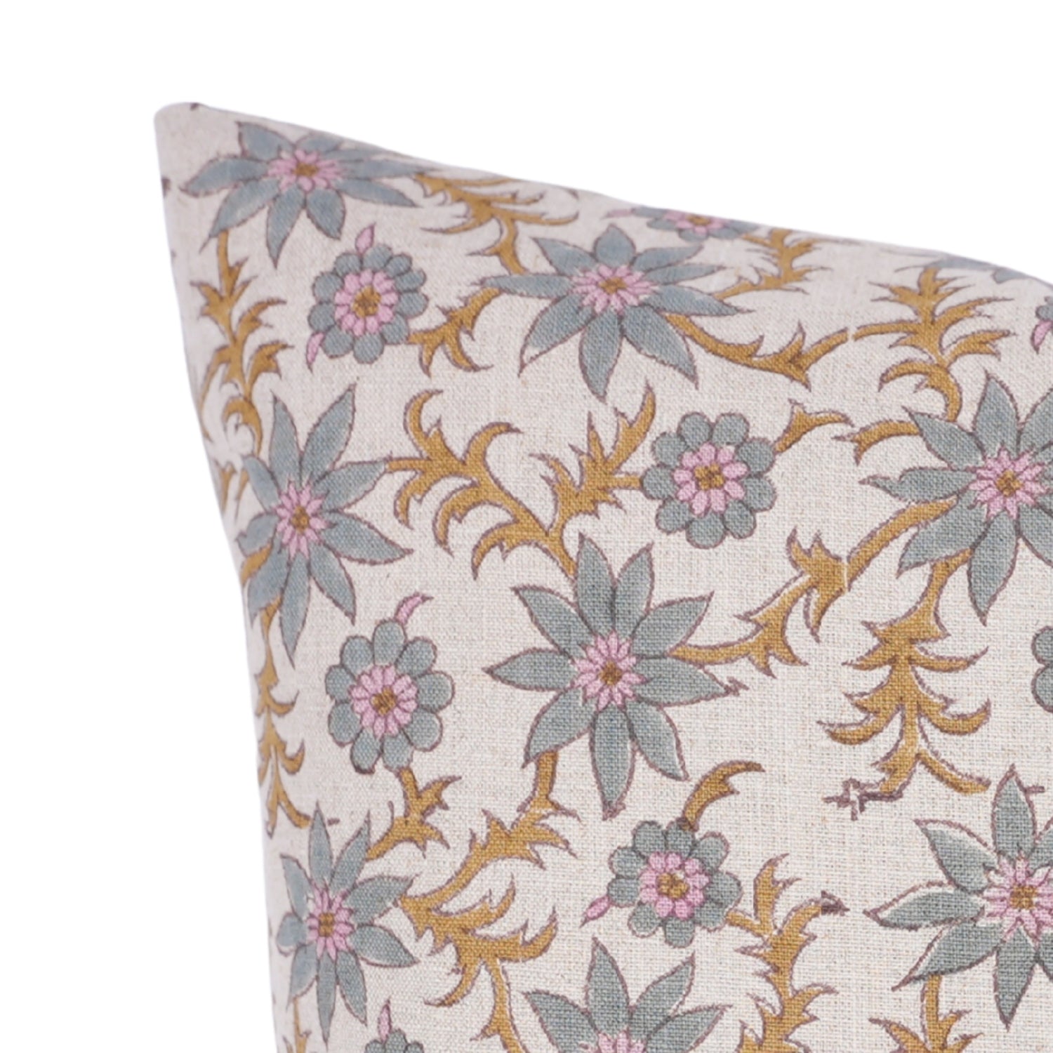 Handmade Cushion Protector with Pink and Gray Vintage Floral Block Prints on Pure Linen for Living Room Charm - SANJH