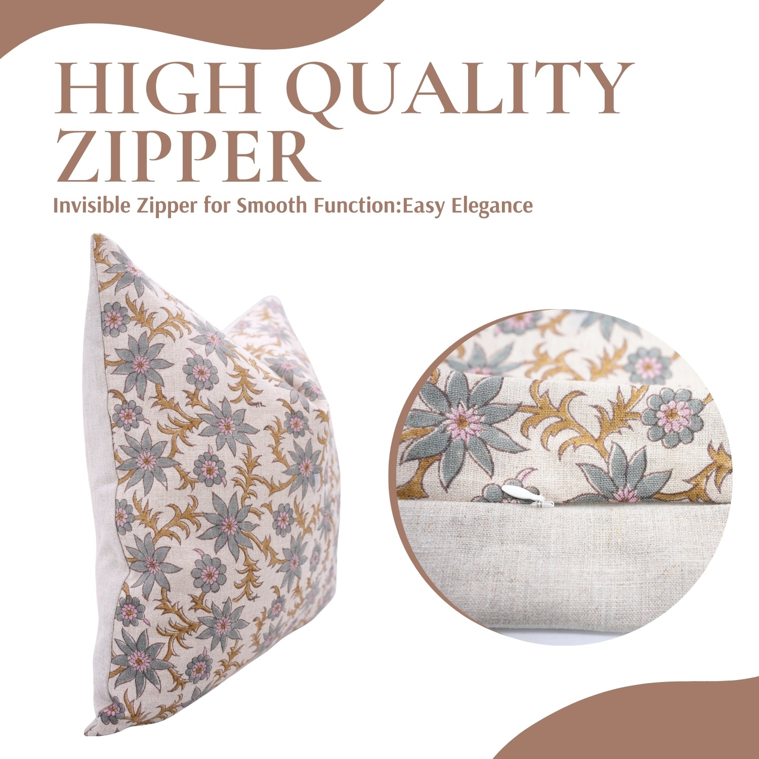 Handmade Cushion Protector with Pink and Gray Vintage Floral Block Prints on Pure Linen for Living Room Charm - SANJH