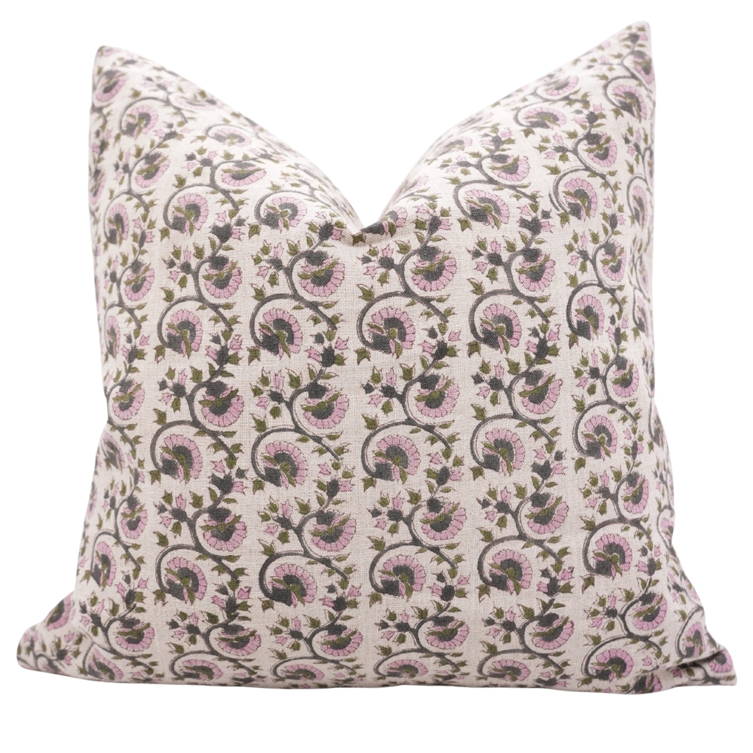 Handcrafted Pure Linen Pillow Cover Pink, Gray and Green Floral Block Printed Boho Accent for Farmhouse Decor - GULNAAZ