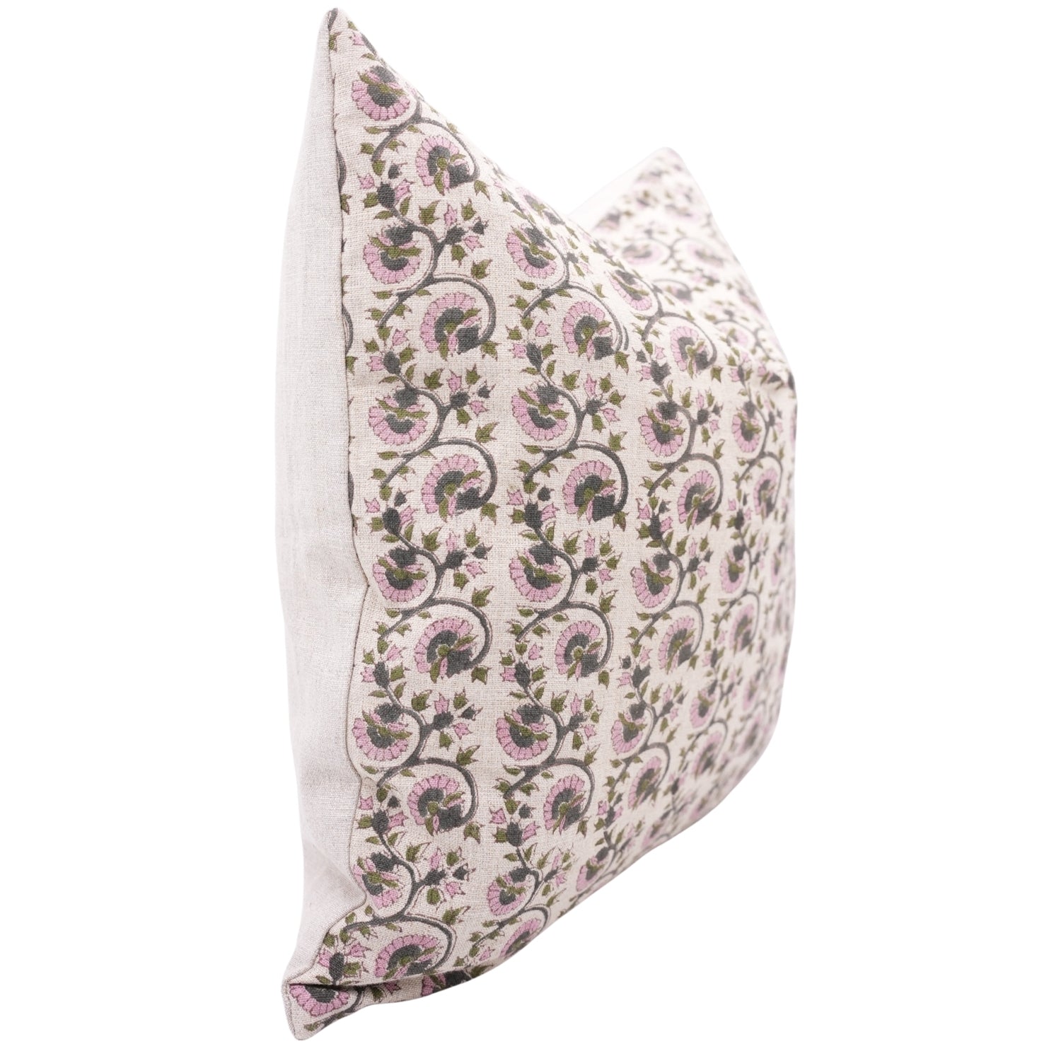 Handcrafted Pure Linen Pillow Cover Pink, Gray and Green Floral Block Printed Boho Accent for Farmhouse Decor - GULNAAZ