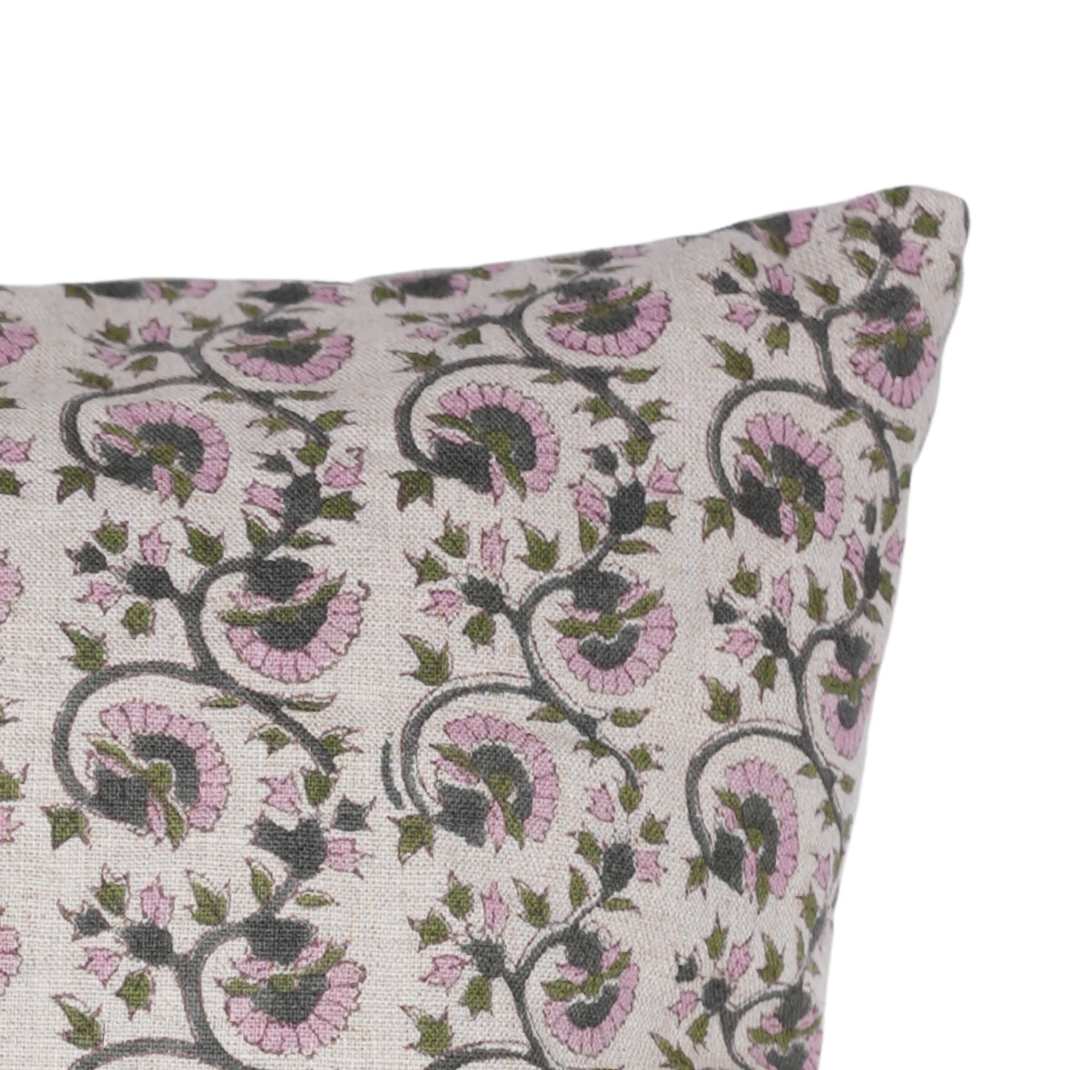Handcrafted Pure Linen Pillow Cover Pink, Gray and Green Floral Block Printed Boho Accent for Farmhouse Decor - GULNAAZ