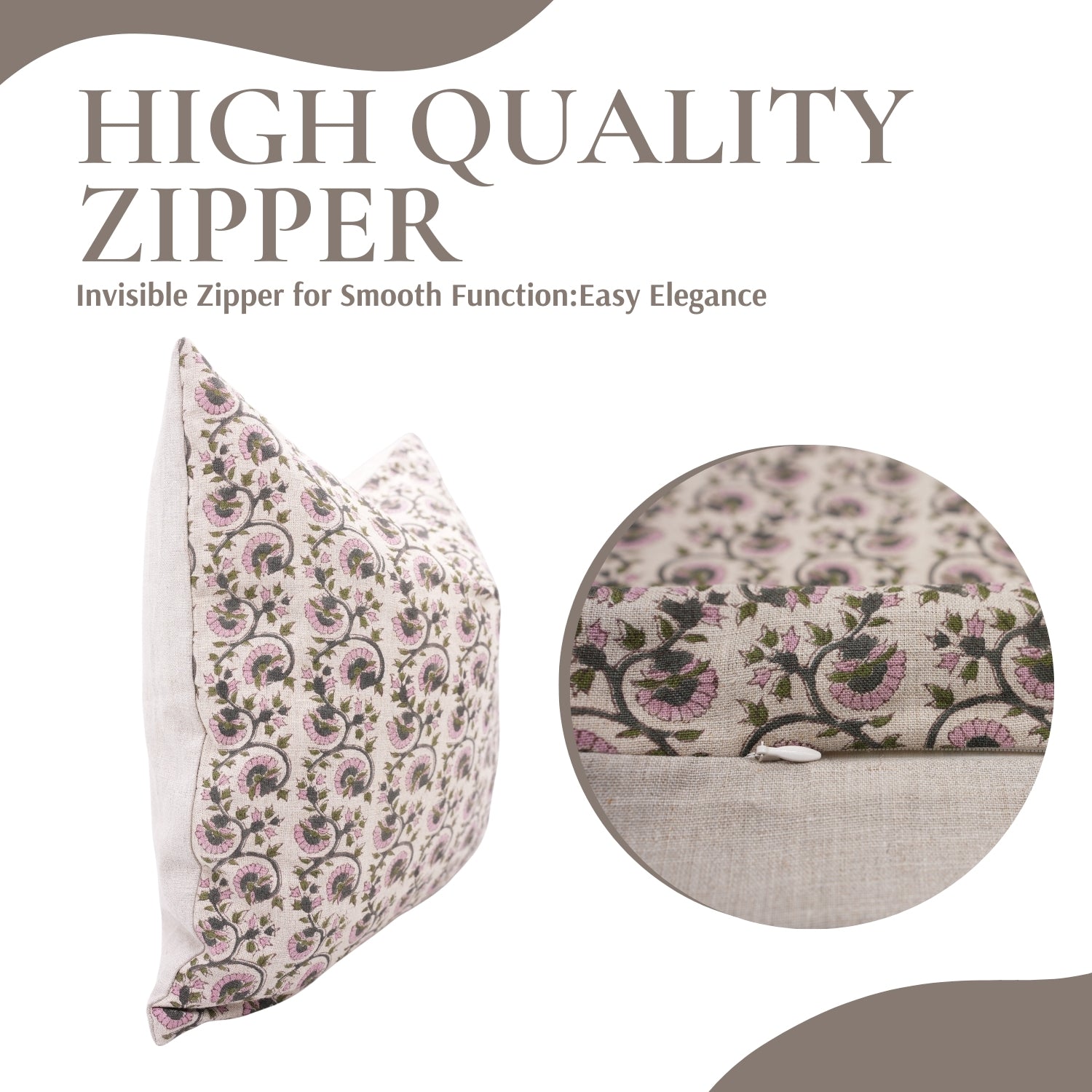 Handcrafted Pure Linen Pillow Cover Pink, Gray and Green Floral Block Printed Boho Accent for Farmhouse Decor - GULNAAZ