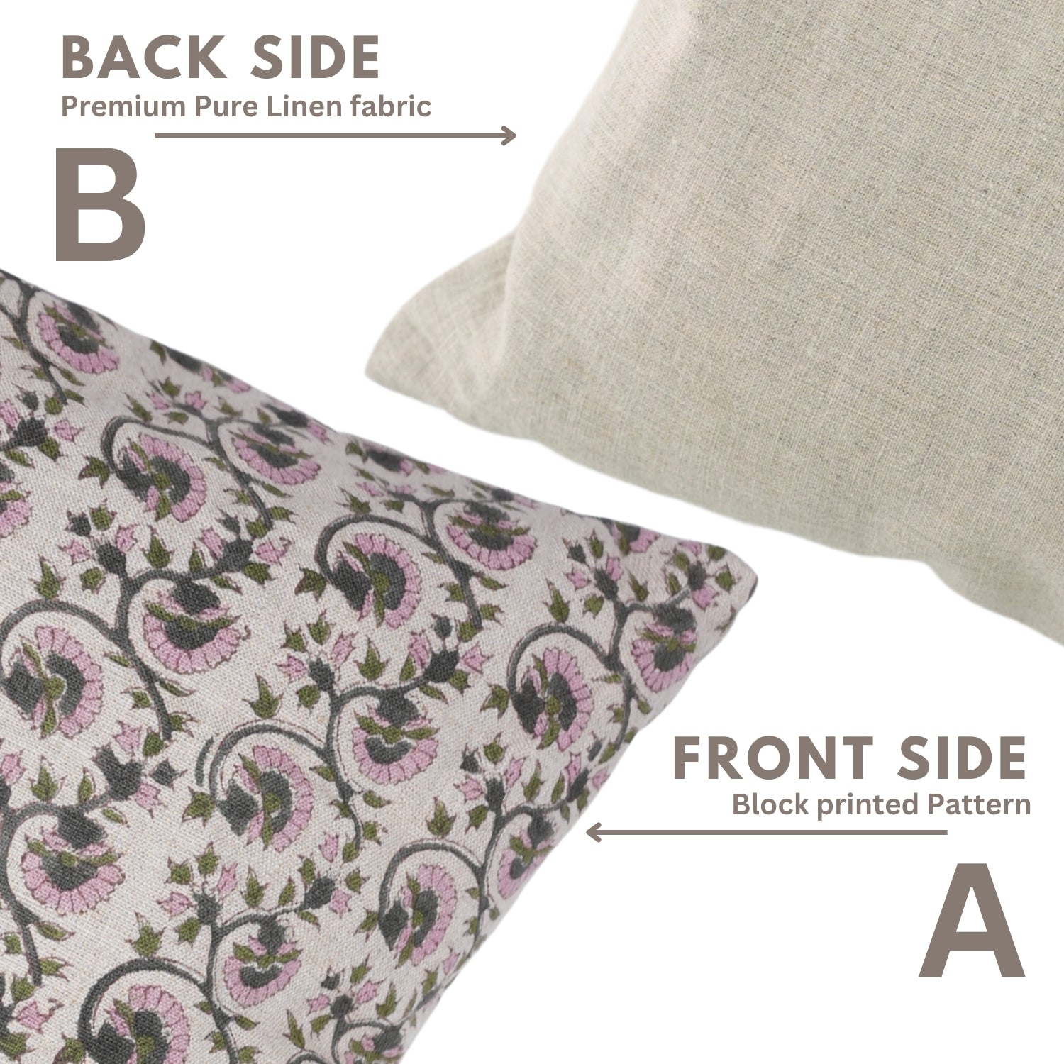 Handcrafted Pure Linen Pillow Cover Pink, Gray and Green Floral Block Printed Boho Accent for Farmhouse Decor - GULNAAZ