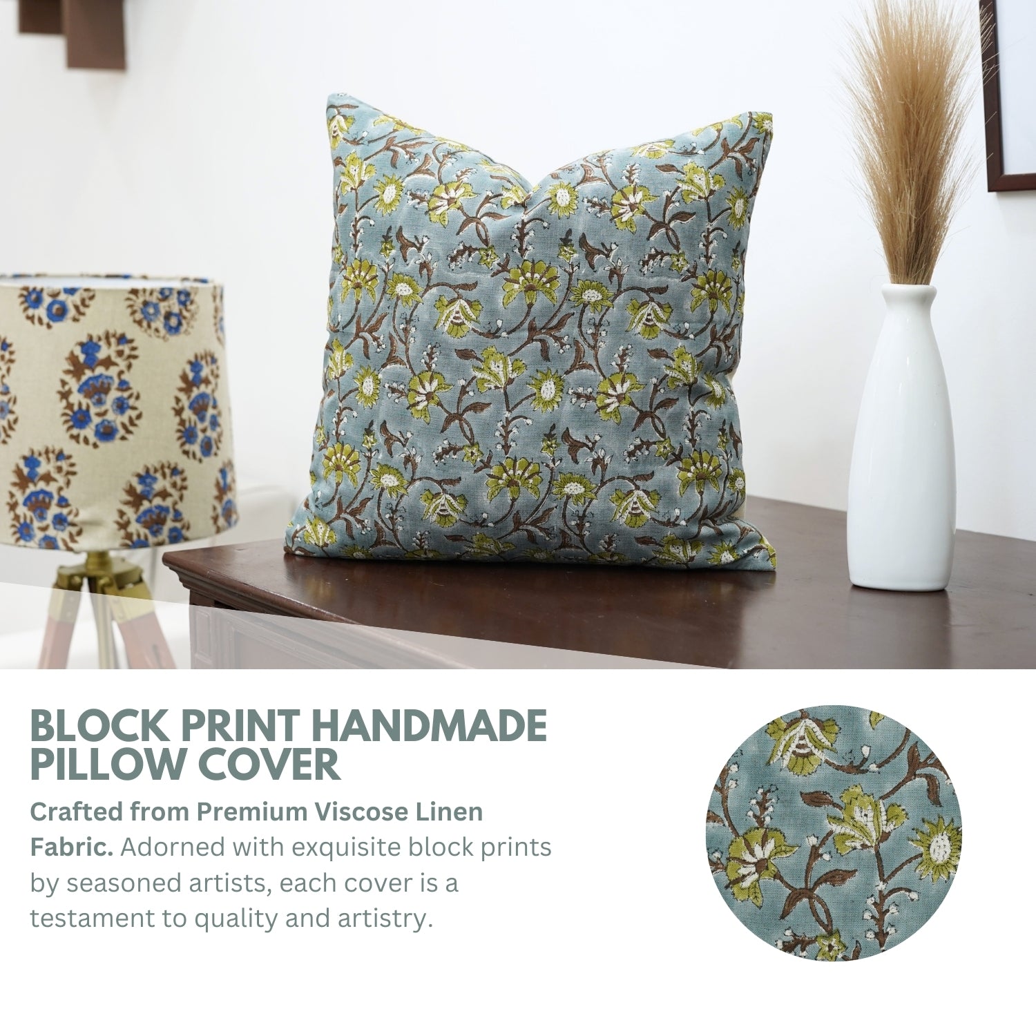 Sustainable Floral Throw Pillow Cover Block Printed Viscous Linen - Naayab