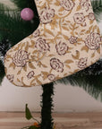 Hand Block Printed Thick Linen Christmas Stockings Red and Mustard Floral Design with Pompom Holiday Decor - Mrignyani