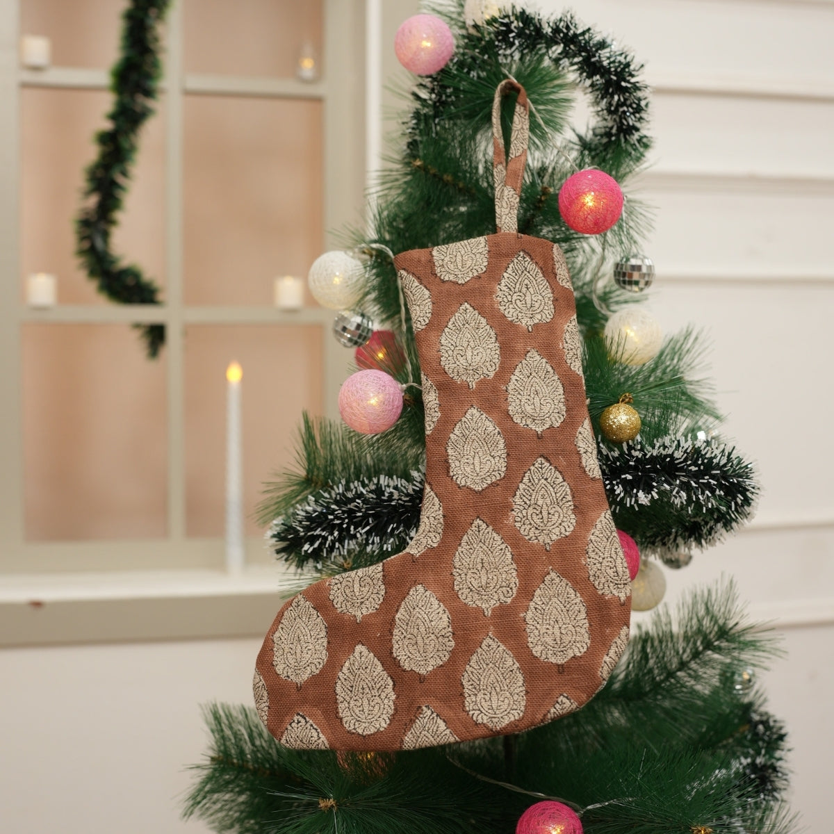 Handcrafted Betel Leaf Brown Floral Block Printed Thick Linen Christmas Stockings with Elegant Pom Pom Festive Detailing