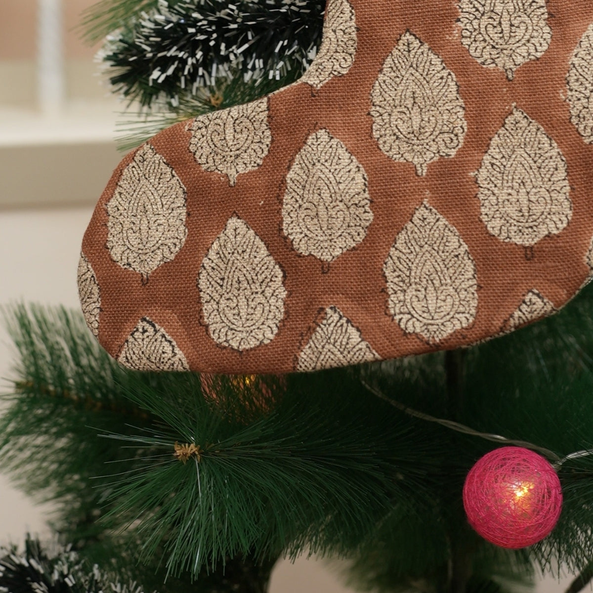 Handcrafted Betel Leaf Brown Floral Block Printed Thick Linen Christmas Stockings with Elegant Pom Pom Festive Detailing