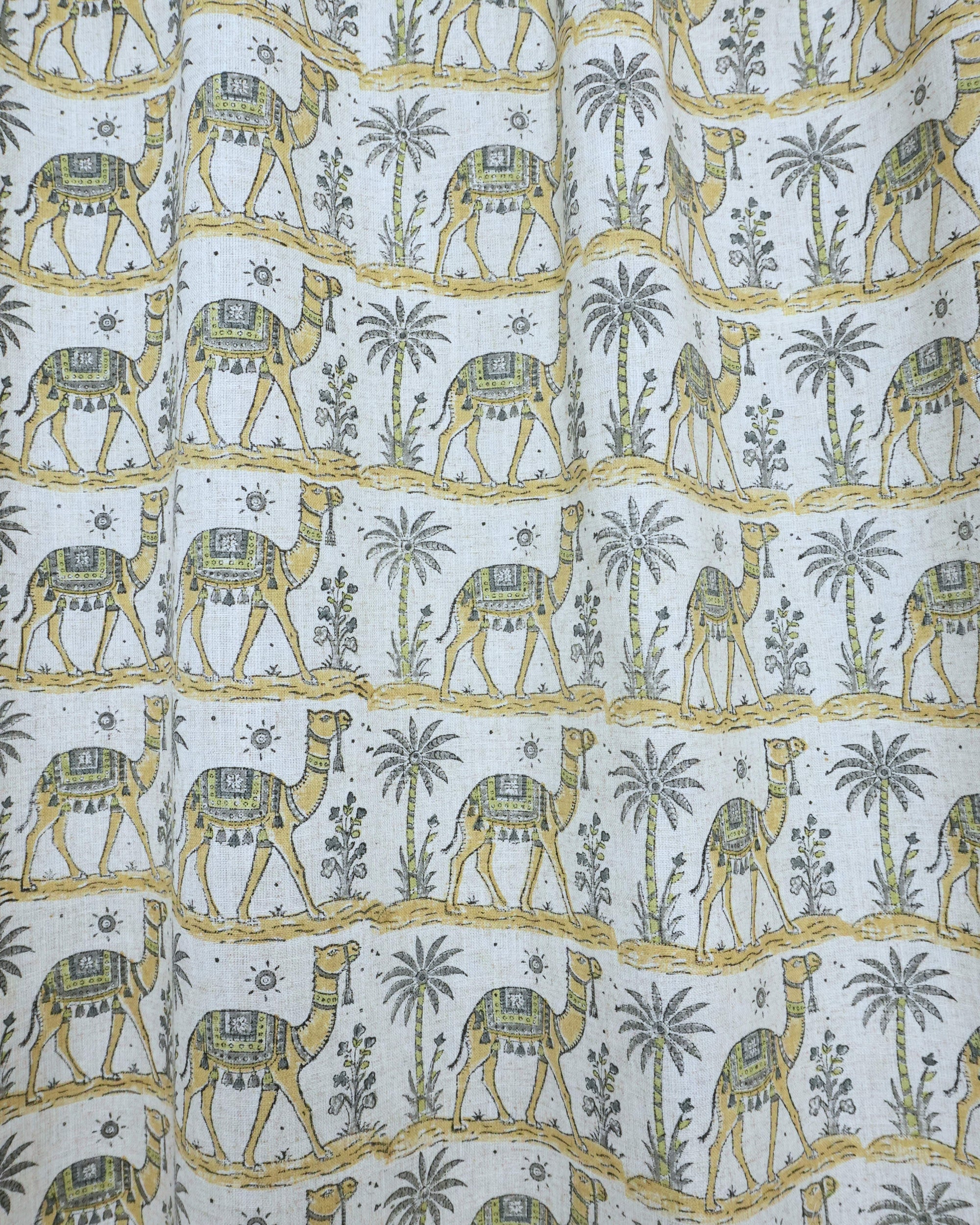 Camel Hand Block Print Tab Top Curtains — Gray &amp; Yellow Viscose Linen