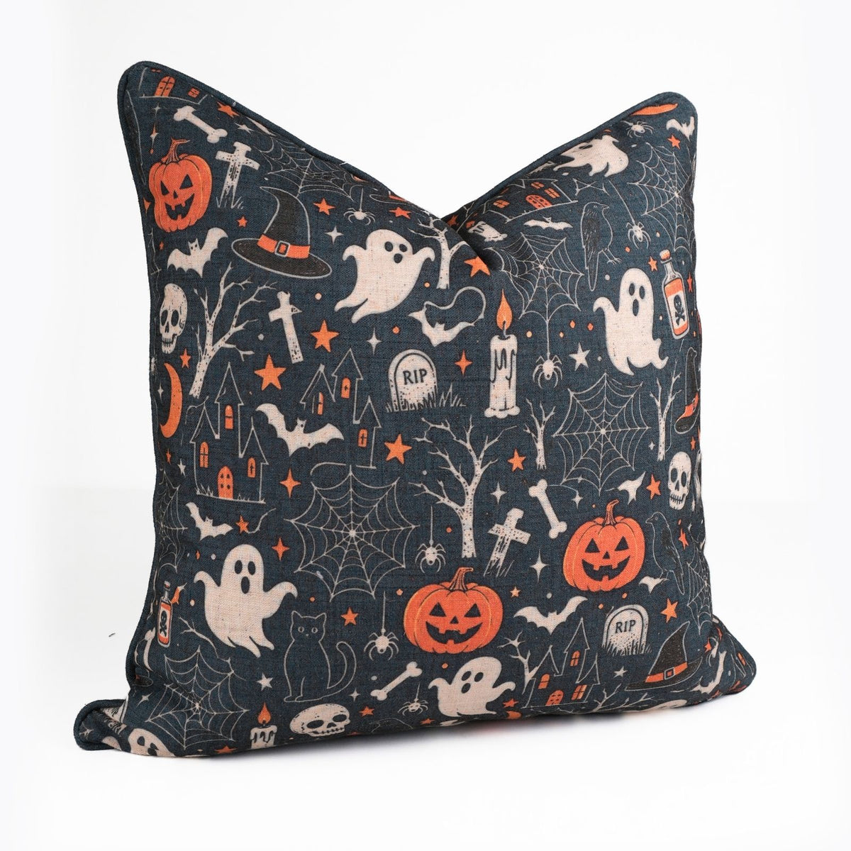 Linen Black Ghost Halloween Skeleton Piping Pillow Cover for Decor
