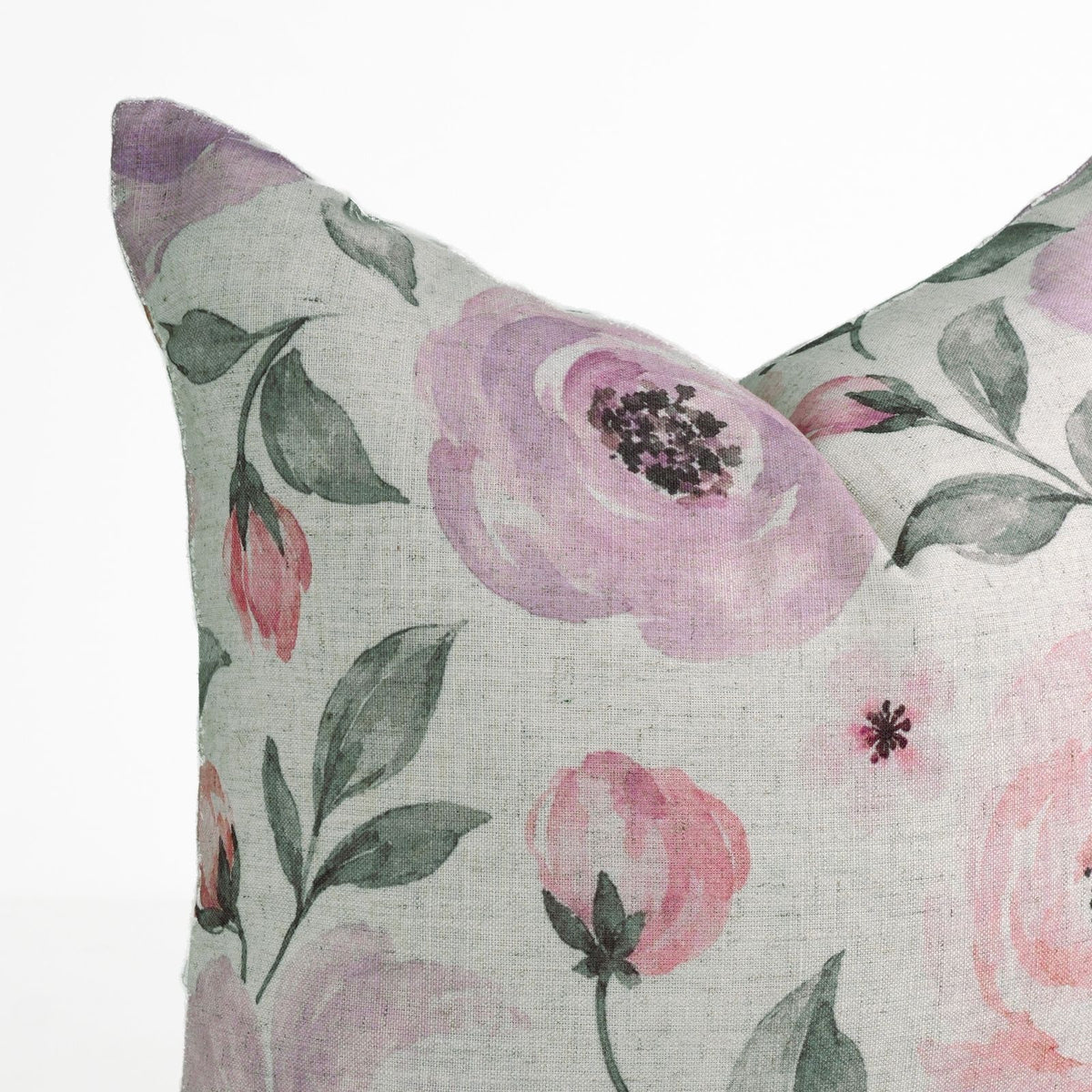 Pink Rose Floral Printed Natural Cream Linen Pillow Cover