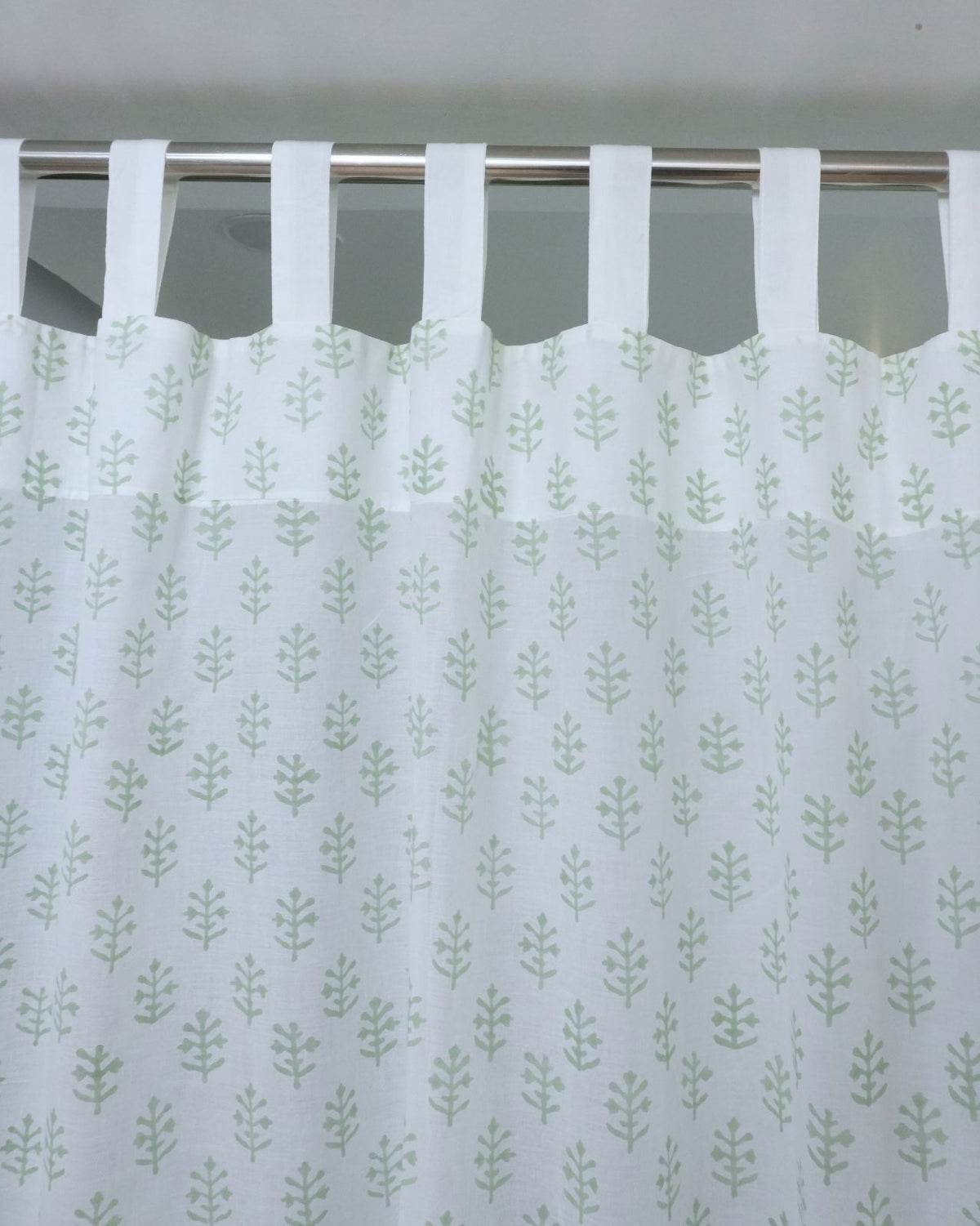 Jasmine Block Print Sage Green 100% Cotton Tab Top Curtain
