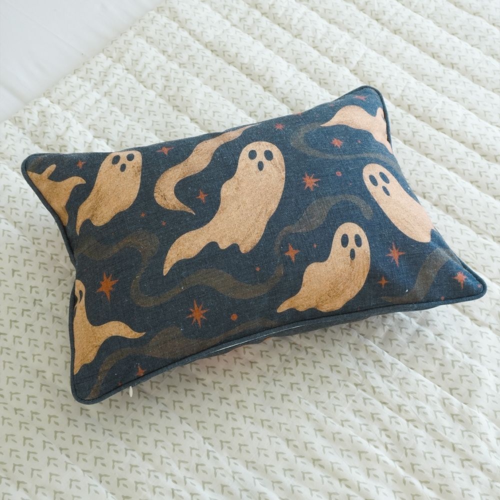 Ghost Printed Linen Lumbar Piping Cushion Cover - Spook Halloween