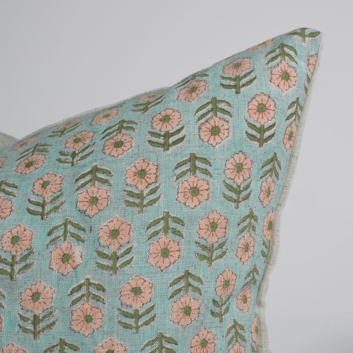 Tulsi Buti Block Print Sage Green Floral Linen Cushion Cover