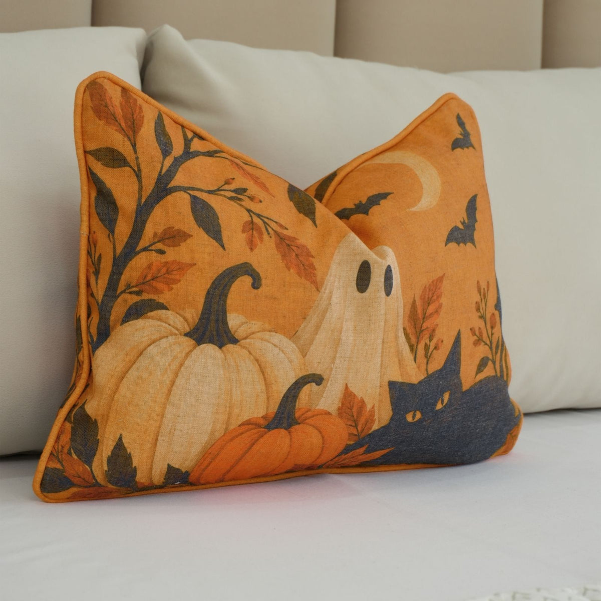 Haunted Cat Printed Orange Linen Piping Lumbar Pillow Cover