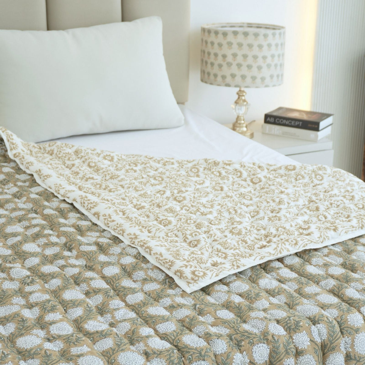 Beige Floral Block Print Cotton Reversible Quilt - Rajat Design