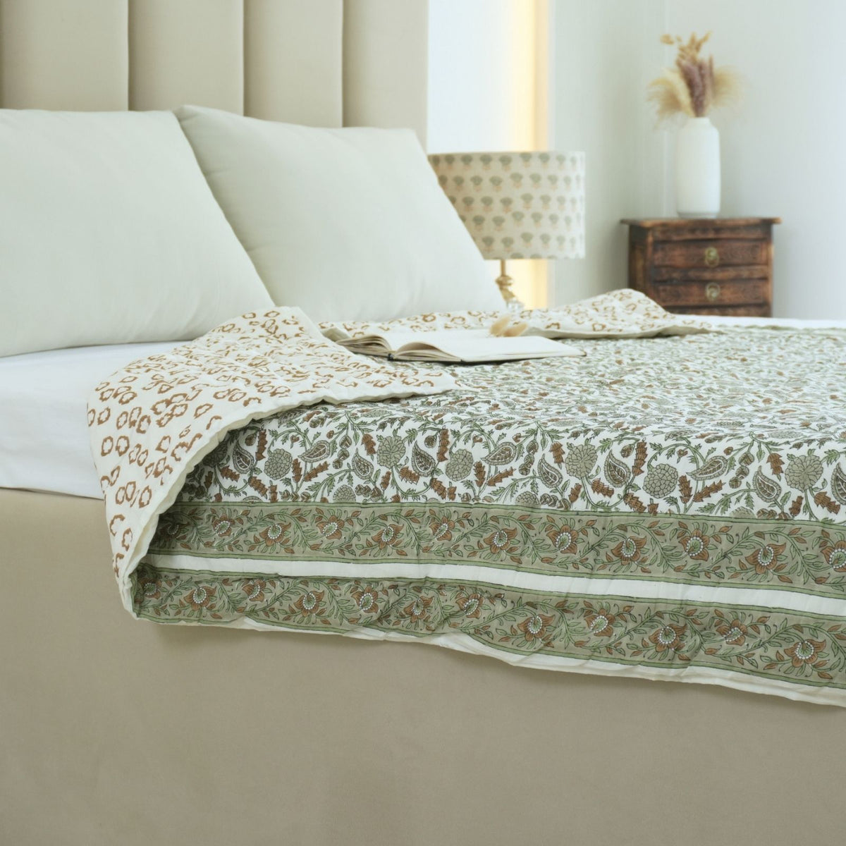 Block Print Sage Green Cotton Reversible Quilt - Gopi