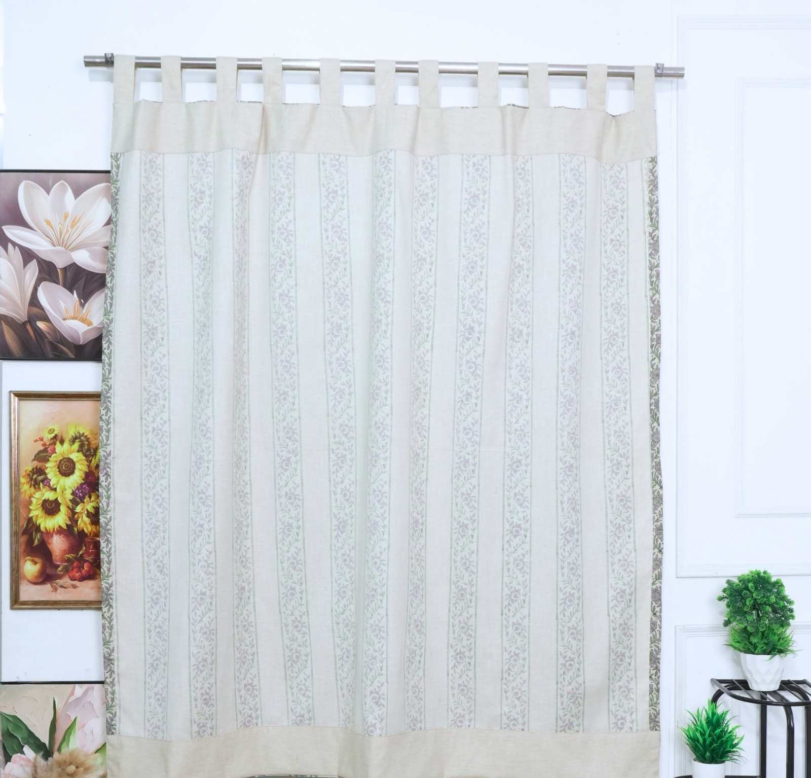 Indian Artisan Lavender Floral Linen Blend Tab Top Curtains - Kushi