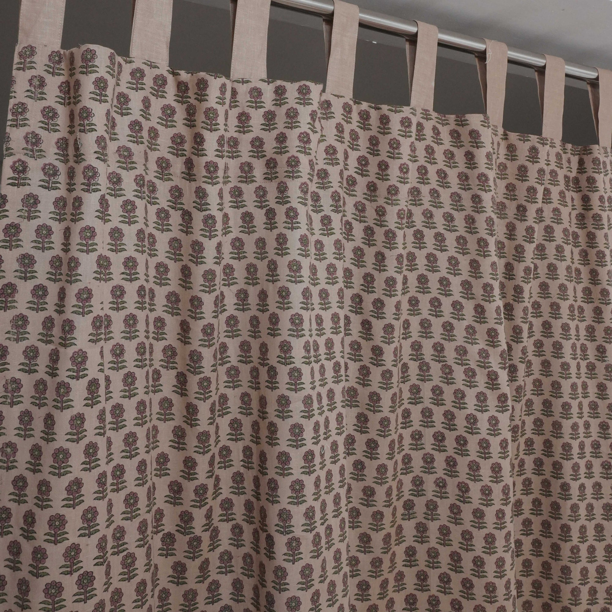Pink Floral Block Print Viscose Linen Tab Top Curtains - Anamika