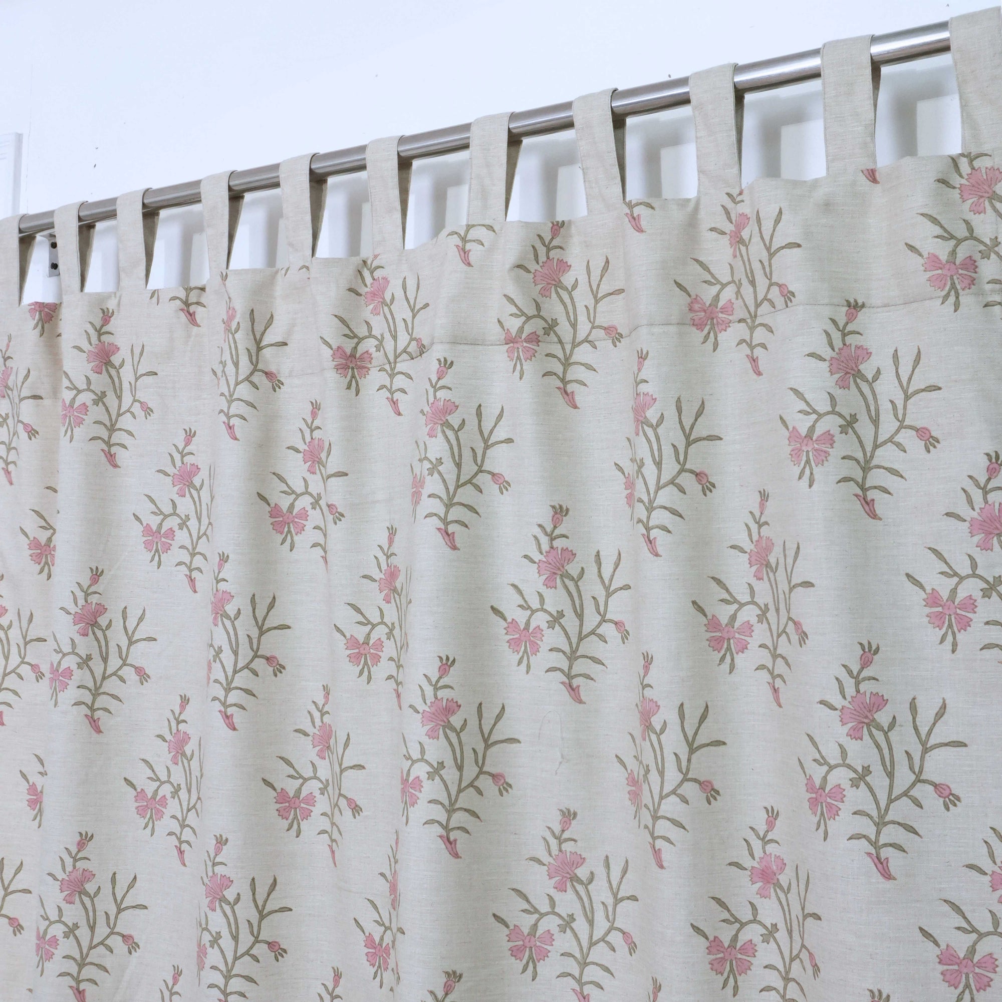 Strawberry Hand Block Print Tab Top Curtains | Pink Linen