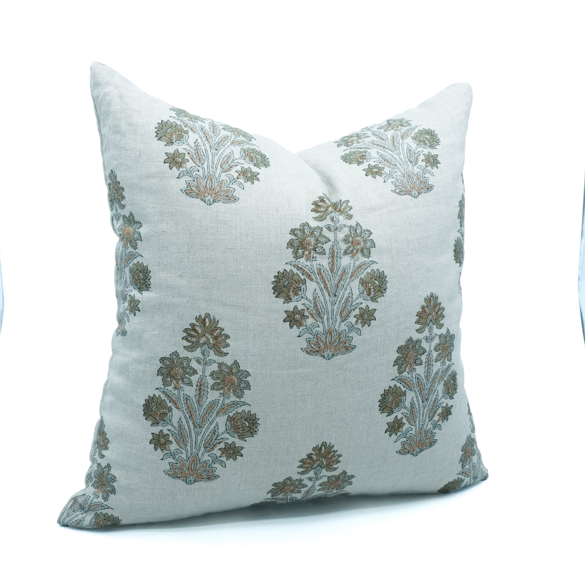 Morpankh Block Print Pure Linen Cushion Cover Green Floral 