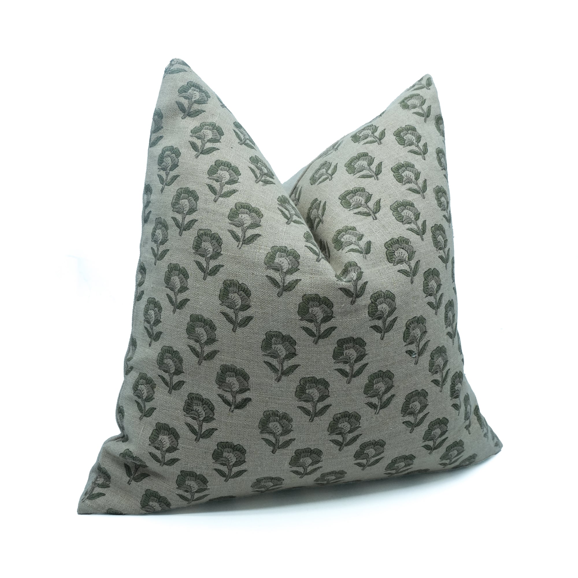 Rohini Gray Floral Block Print Thick Linen Pillow Cover 
