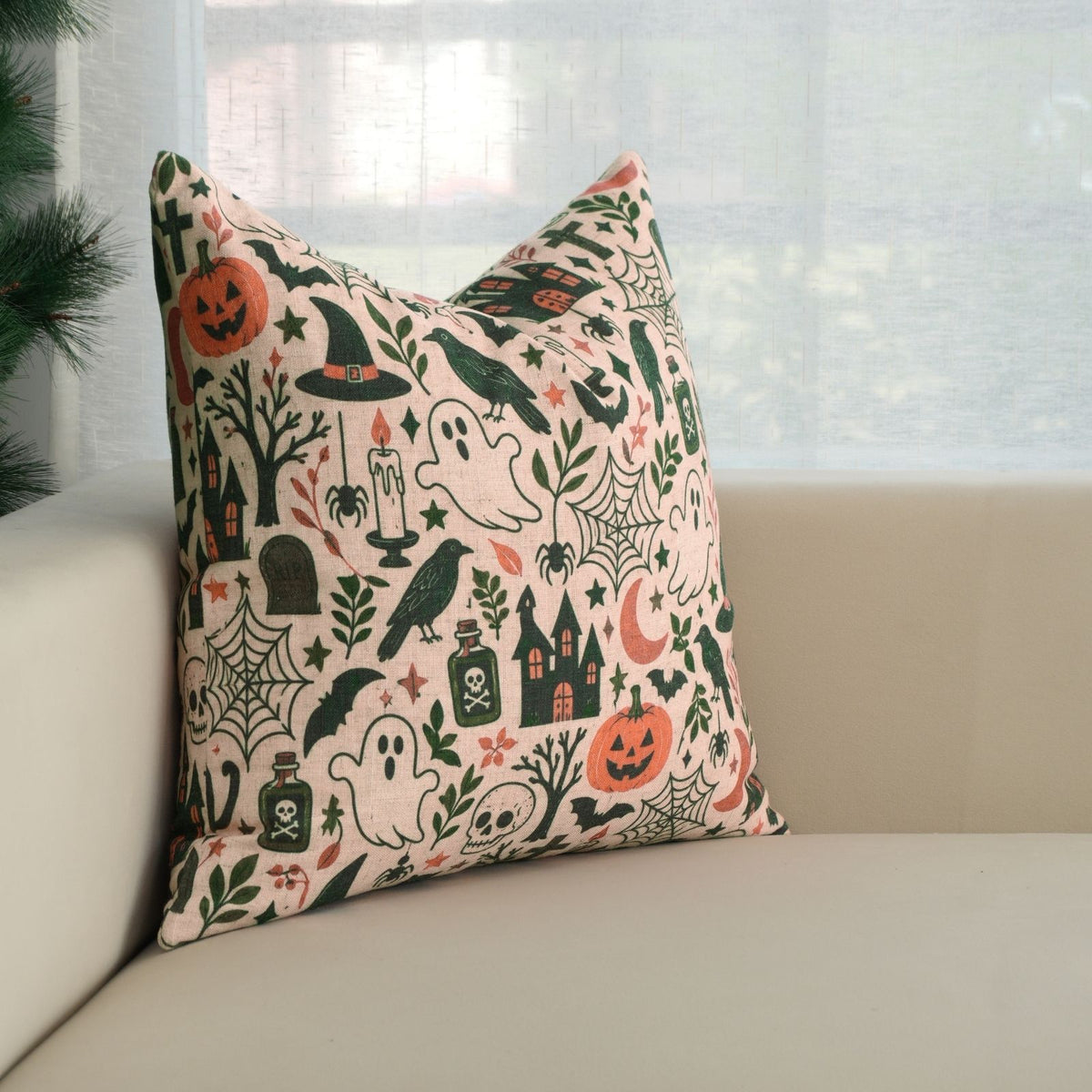BooMix Halloween Printed Natural Beige Viscose Linen Pillow