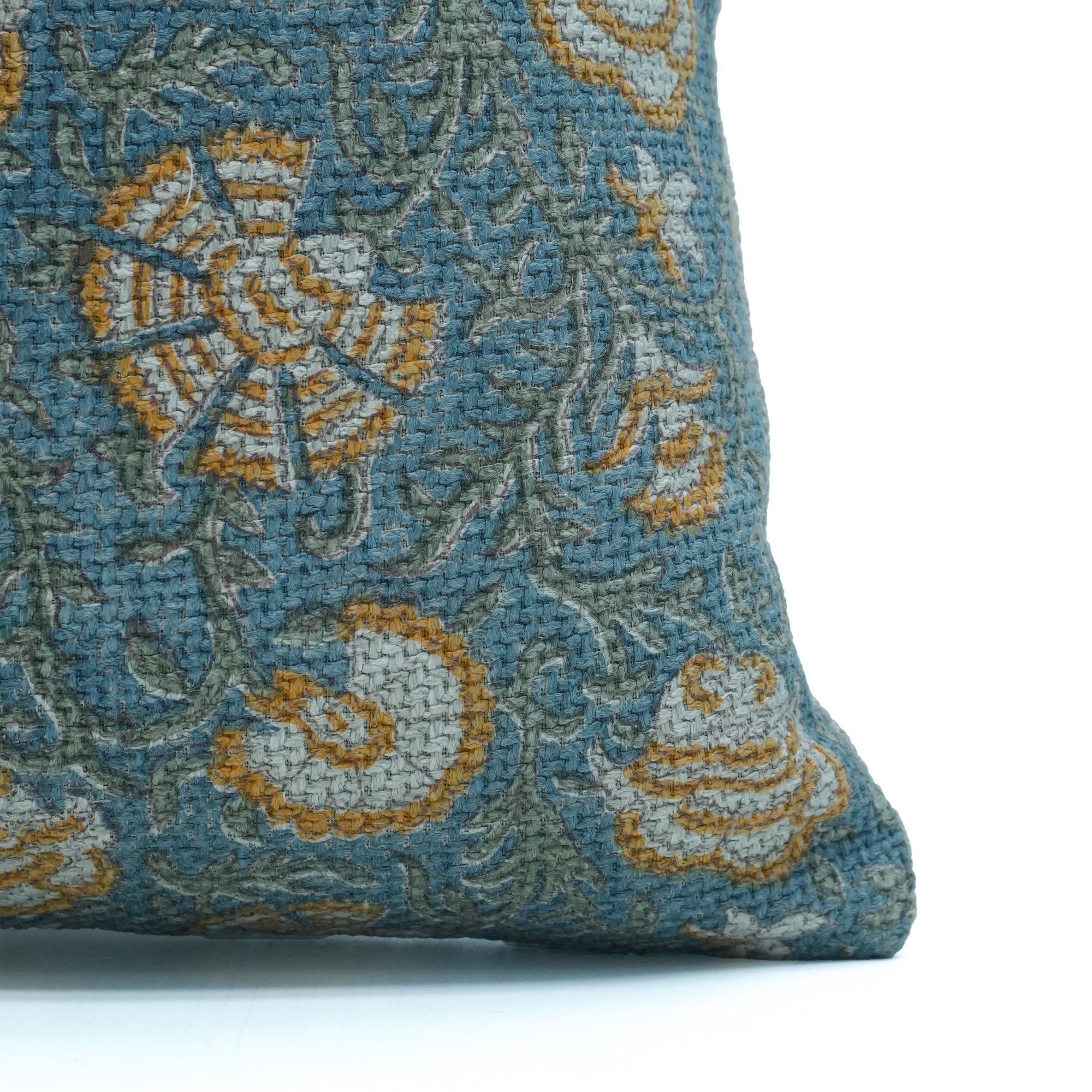 Vasundhra Hand Block Print Jute Linen Cushion Cover Blue Floral