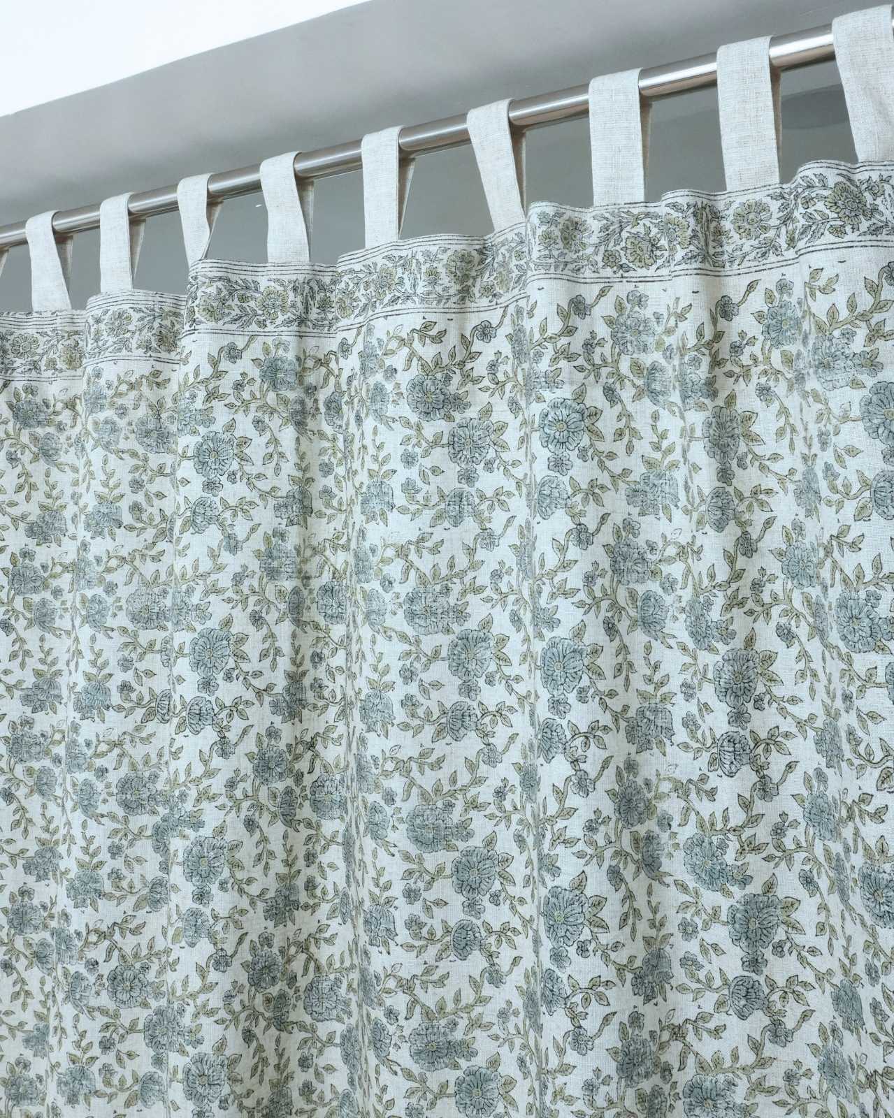 Block Print Gray Floral Heavy Viscose Linen Drapes Curtains - Suman