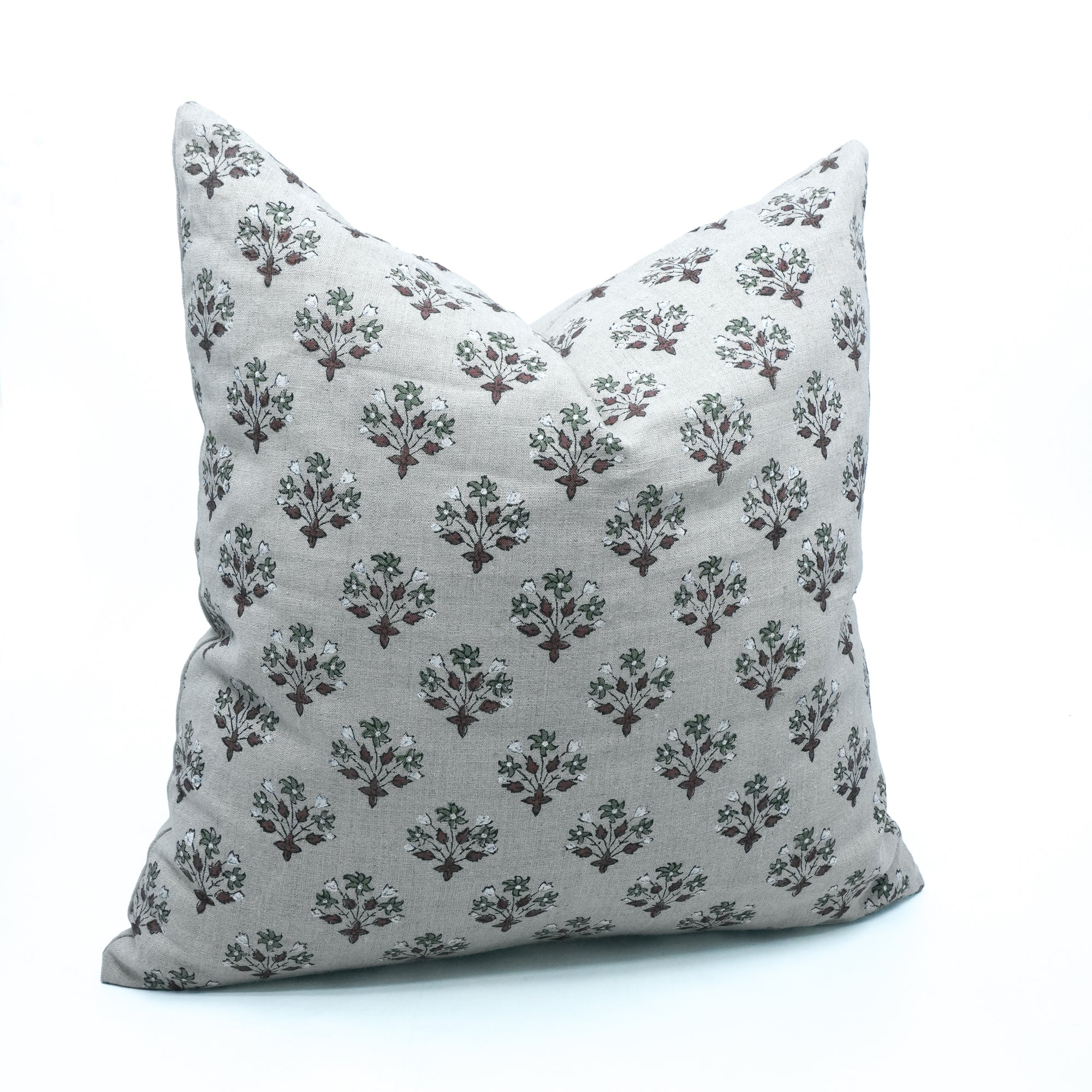Hand Block Print Linen Cushion Cover Green &amp; Brown Diwali Flower