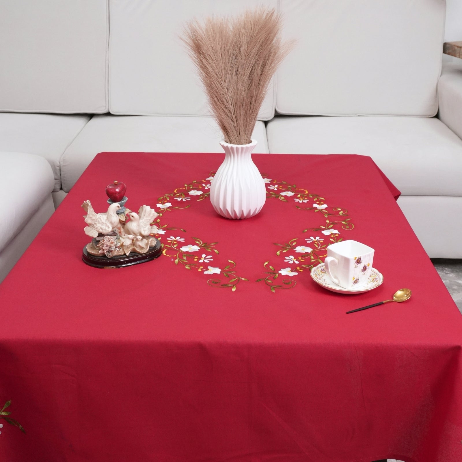 Red Green Floral Embroidered Cotton Table Cover | Dining Decor