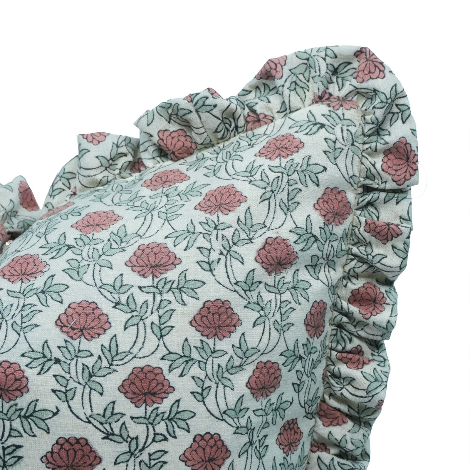 Block Print Red Floral Farmhouse Frill Pillow Cover - Khushbu