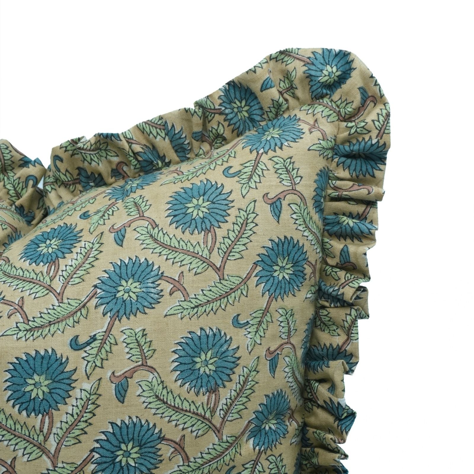 Block Print Frill Linen Blend Indoor Sofa Pillow Cover - Swarna