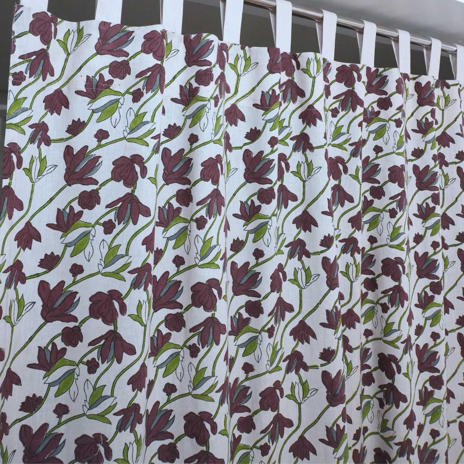 Shivri Dark Brown Floral Block Print Viscose Linen Tab Top Curtains